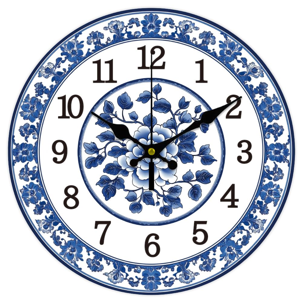 CHGCRAFT Orologio da parete in porcellana blu e bianco, 30,5 cm, funzionamento a batteria, silenzioso, senza ticchettio, con fiori, rotondo, decorativo, per ufficio, casa, cucina