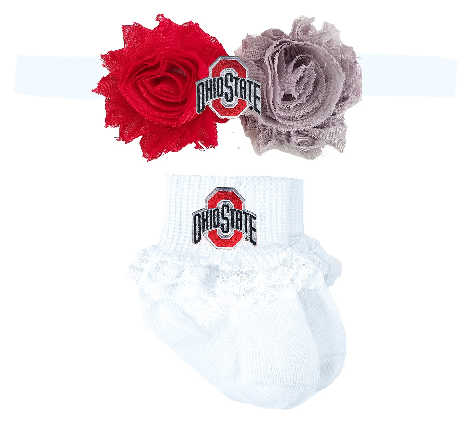 Ohio State Buckeye Baby Shabby Flower Headband and Lace Socks Set 0-6 Months