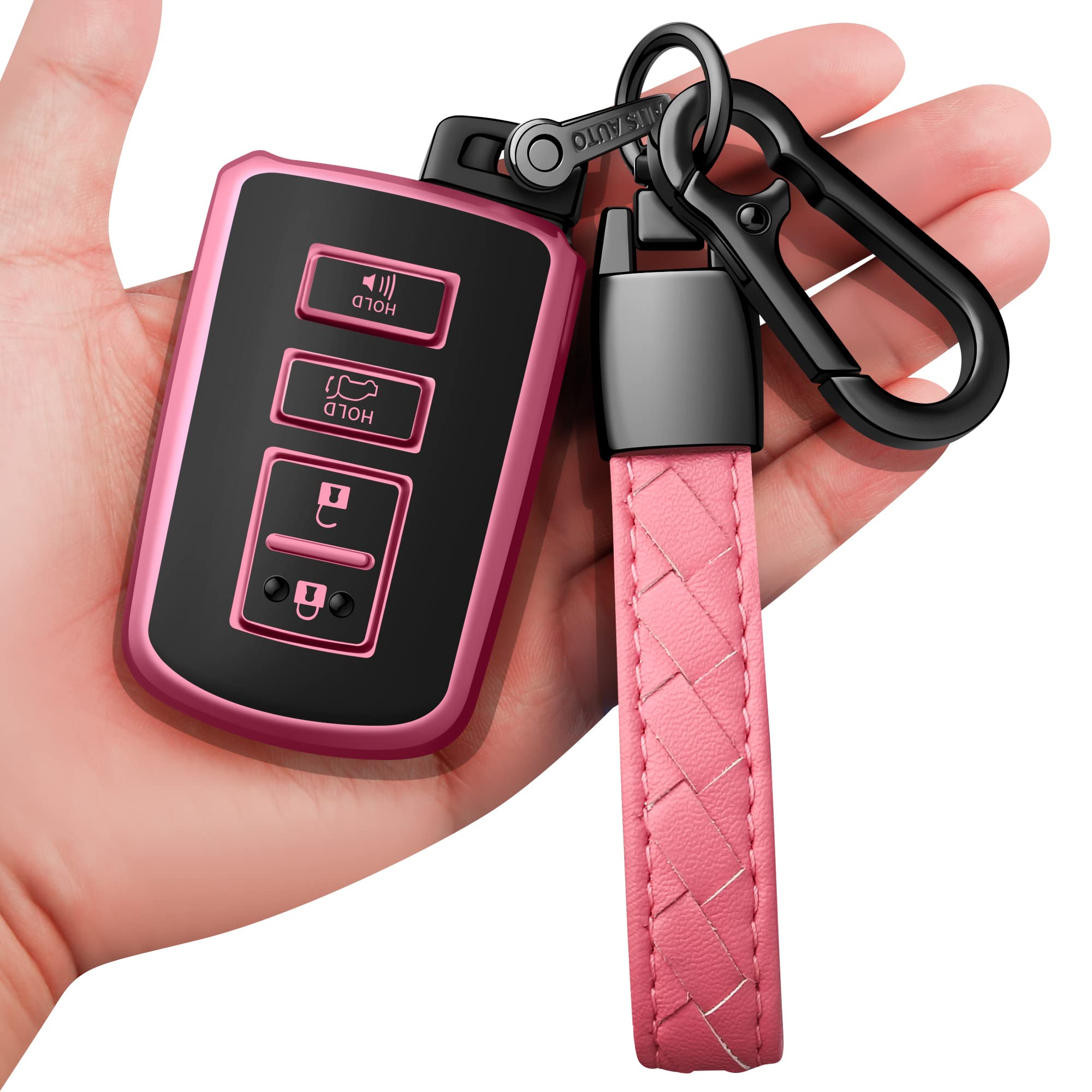 Sindeda Toyota Key Fob Cover with Leather Keychain, Soft TPU Full Protection Key Case for Sequoia, 4Runner, Tacoma, Tundra, RAV4, Camry, Avalon,