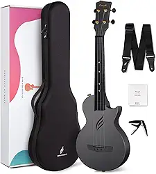 Ukulele concert Enya Nova U 58 cm, de fibra de carbono, ukulele de viagem com kit para iniciantes inclui aulas online (sem garantia de versão em português), estojo, alça, capo e cordas (preto)
