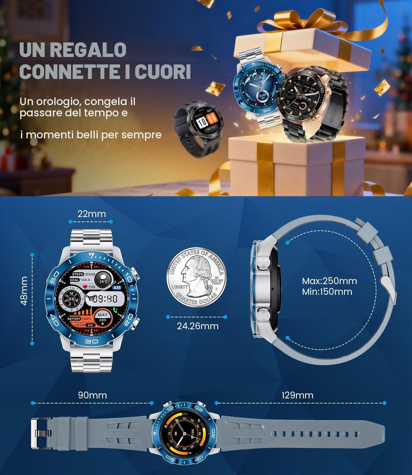 LIGE Orologio Smartwatch Uomo, 1.43" AMOLED Smart Watch con 24/7 Frequenza Cardiaca, SpO2, Durata del sonno, Impermeabile IP68, 170+ Sports, 300+ Quadranti, Cassa Argento con Bezze Blu