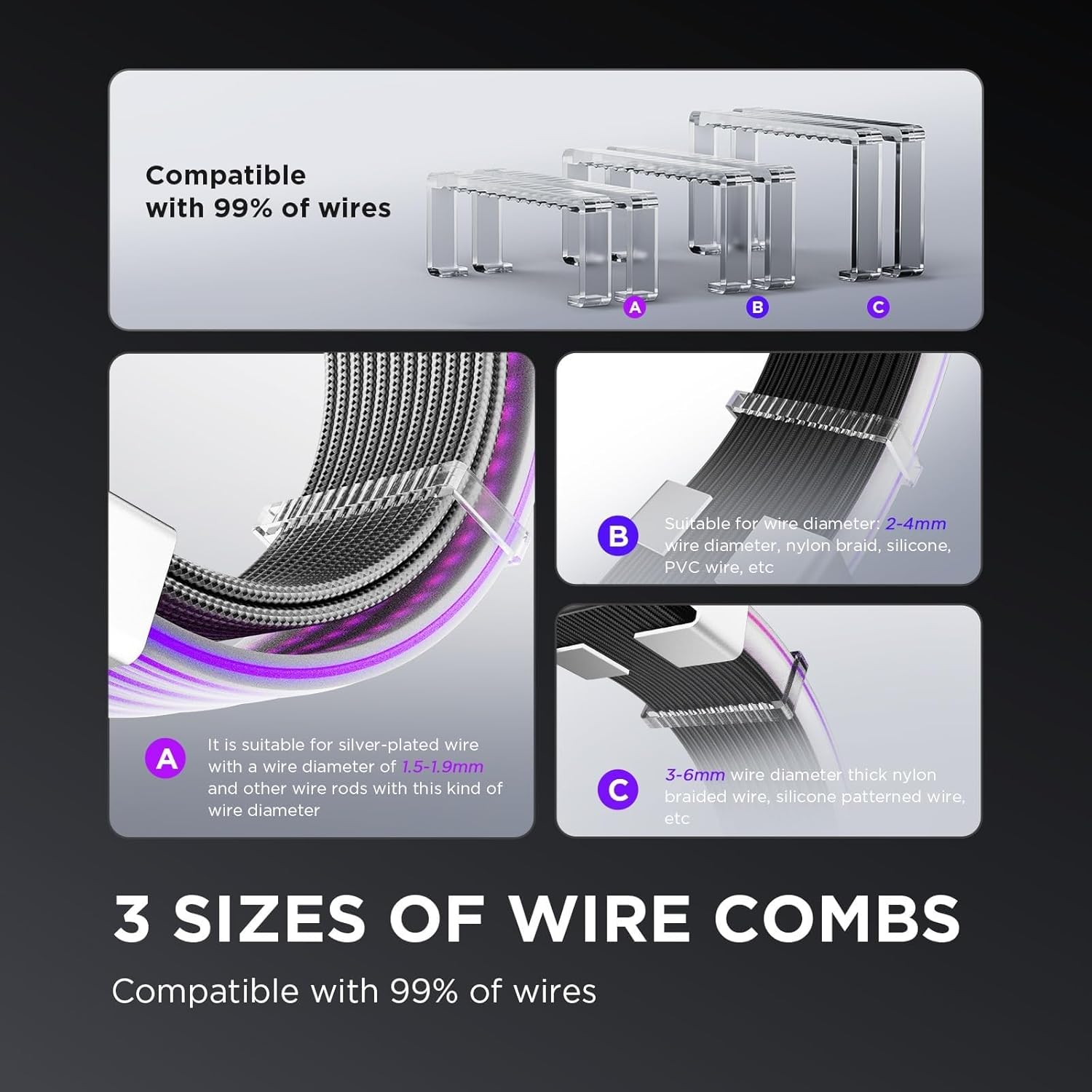 Three sizes of wire combs for AsiaHorse Aurora Pro RGB Cable Cover