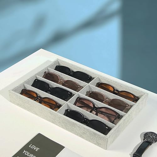 Miniatura 2 de Bandeja organizadora de lentes de sol, caja de exhibición de gafas de terciopelo gris beige, soporte organizador de gafas para escritorio en casa o