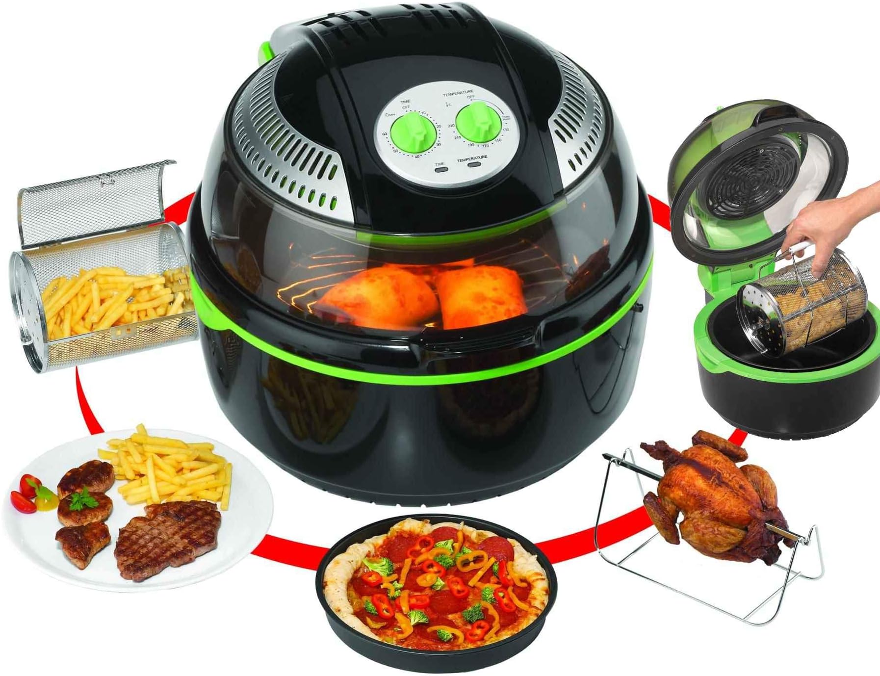 TKG OT 1014 2-in-1 Halogen Oven and Air Fryer, 1300 W, 10 Litre, Black/Green