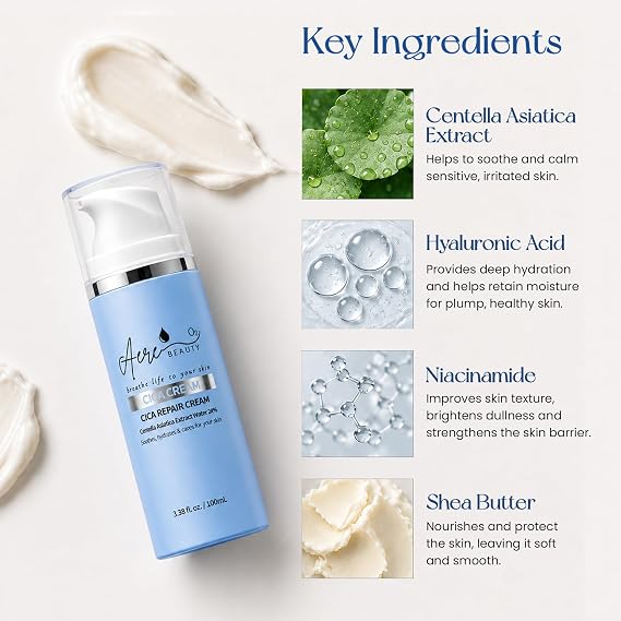 Korean CICA Repair Cream, 24% Centella Asiatica Face Moisturizer for Sensitive & Dry Skin Soothing Barrier Repair with Niacinamide, Collagen, Fragrance-Free, 3.38 fl oz / 100ml