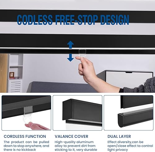 Miniatura 2 de Lululand Free-Stop - Persianas enrollables sin cordones estilo cebra con diseño moderno, (36 pulgadas de ancho x 72 pulgadas de alto, negro) de