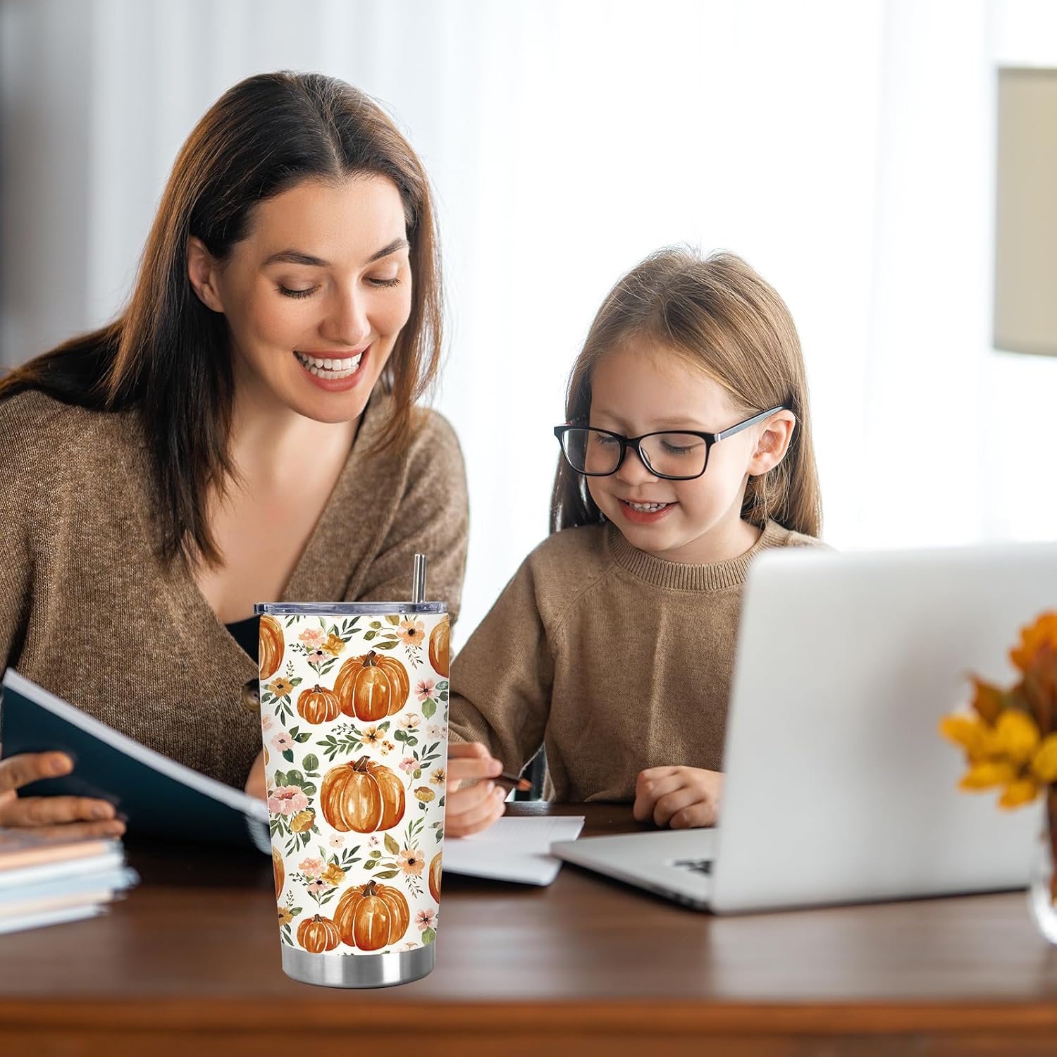 JarThenaAMCS 1Pc Fall Floral Pumpkin Tumbler with Lid Straw 20 Oz Flower Pumpkin Travel Coffee Tumbler Cup Boxed for Autumn Birthday Travel Party Favor Supplies - Image 7