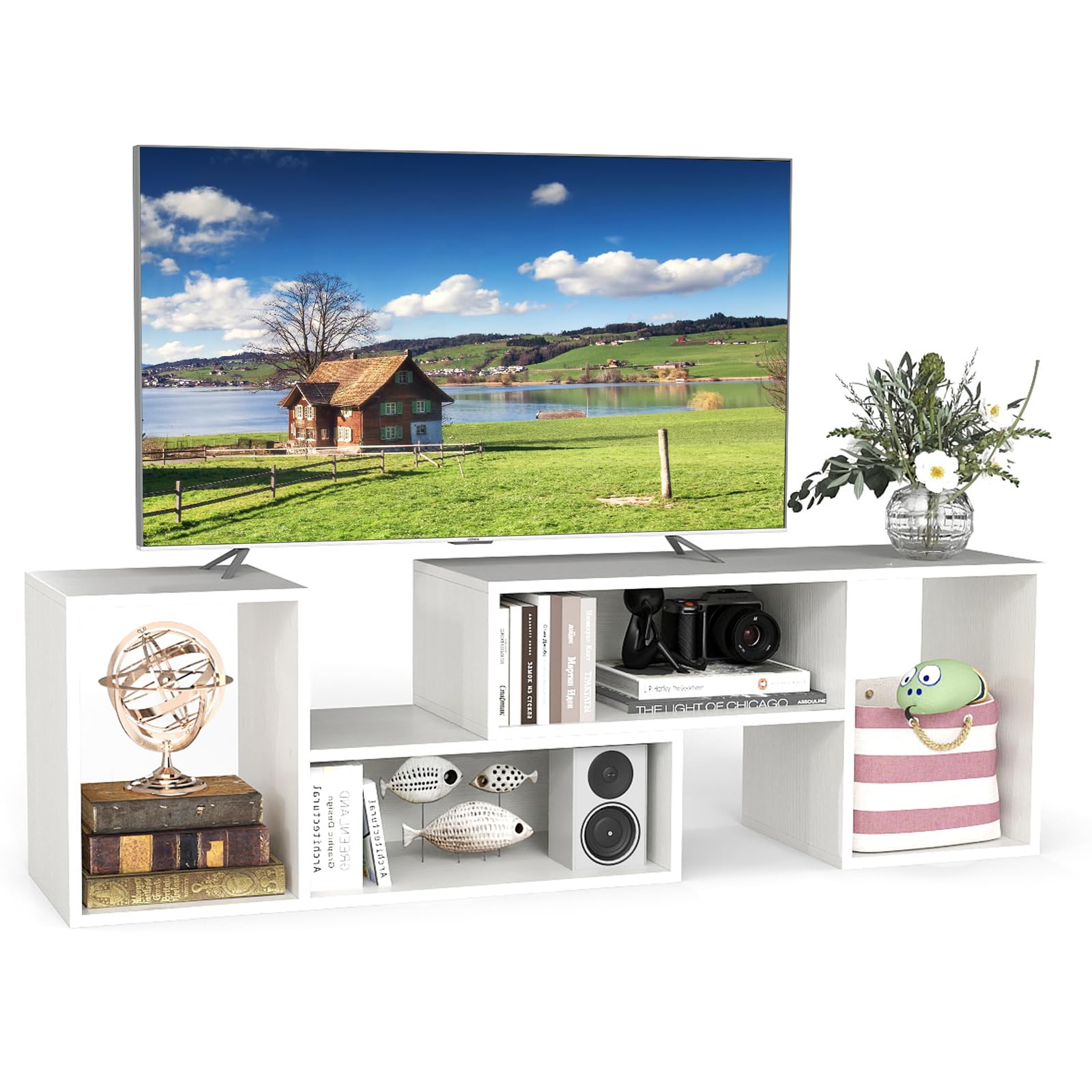 GIANTEX Meuble TV Combiné Libre avec Étagères Ouvertes, Meuble Télé 2 Pièces en MDF 50-60 Pouces, Meuble TV Bois pour Salon Chambre et Bureau, 110-134,5 X 30 X 43 CM (Blanc)