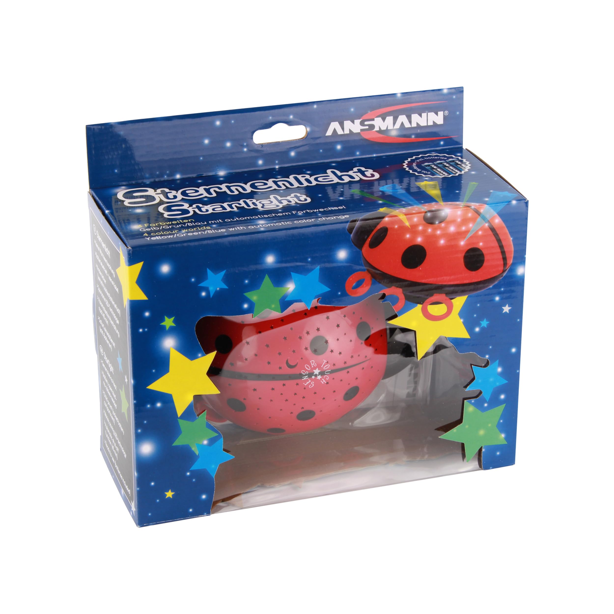 ANSMANN Luce LED coccinella con proiettore - Lampada notturna per bambini con cambio colori proiezione cielo stellato - Lucina bimbi Sensore Touch