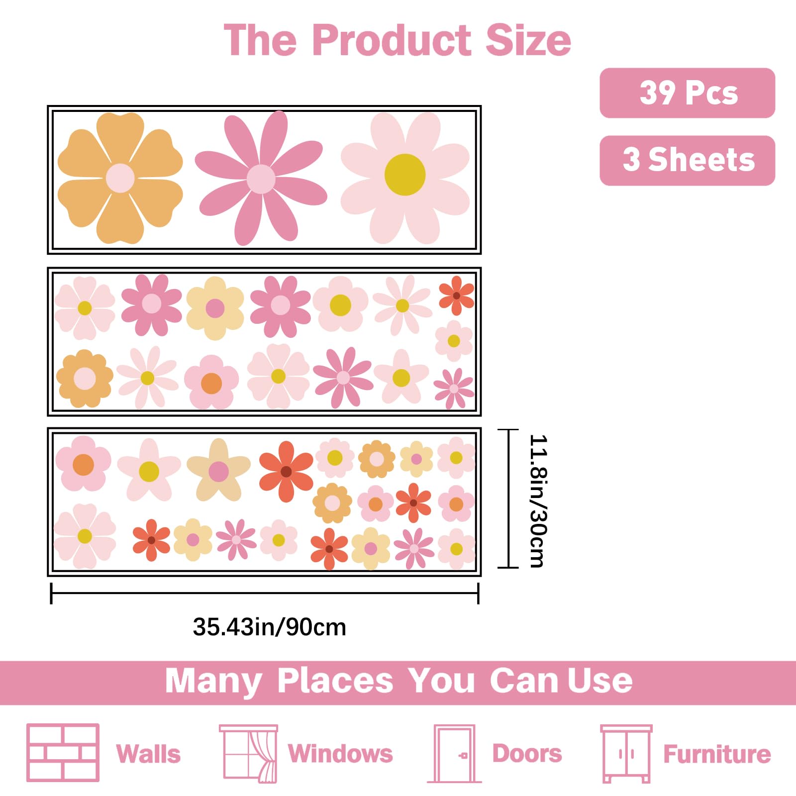 PLIGREAT 2 Sheets Colorful Daisy Flowers Wall Decals DIY Bright Floral Removable Vinyl Wall Stickers for Nursery Bedroom Living Room Home Background Window Wall Art Decor - Image 3