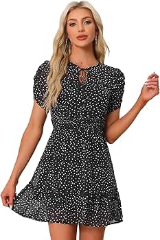 Allegra K Women's Polka dots Dress Sheer Sleeves Bow Tie