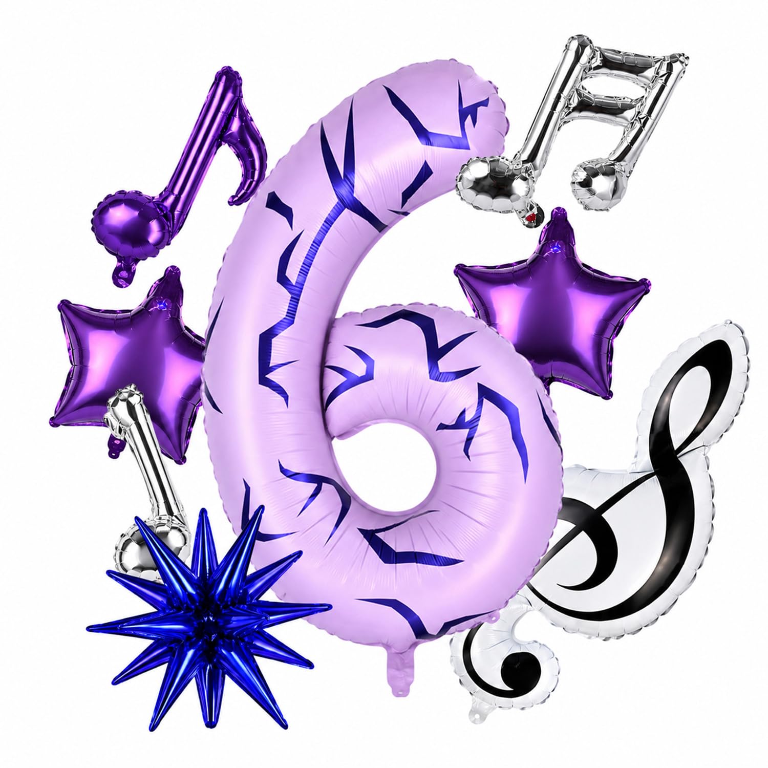 K-pop 6th Birthday Decorations, 8Pcs Purple 6th Birthday Balloons Set with Foil Number 6 Balloon, Star Balloons, Musical Note Balloons and Spiked Balloons for Birthday Party Anniversary Supplies