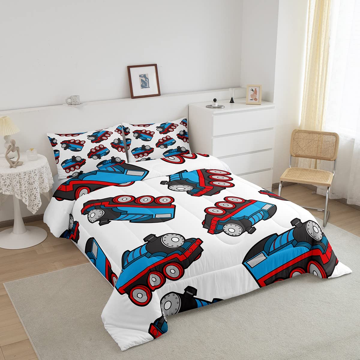 Train Bedding Set Kids Cartoon Car Comforter Set Boys Girls Train Travel Decor Comforter Microfiber Construction Red Blue Duvet Bedroom Quilt Full Size