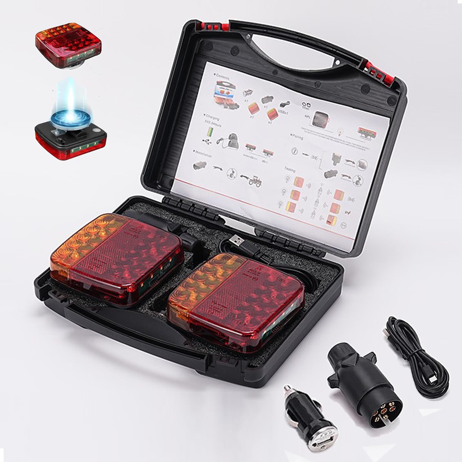 Magnetische Anhänger Rücklichter Kabellos Set, Kabelloses Beleuchtungs LED 12V, Wiederaufladbare Anhänger Beleuchtung mit ECE-Geprüft für Anhänger LKW Wohnwagen LKW RV Traktor