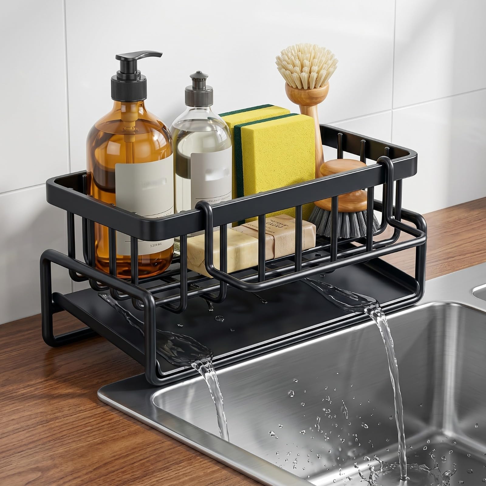 Metal Sponge Holder for Kitchen – Auto-Draining Organizer Caddy with Soap Tray, Dish Brush Holder & Towel Bar – Large Capacity Kitchen Sink Storage Rack-image-20