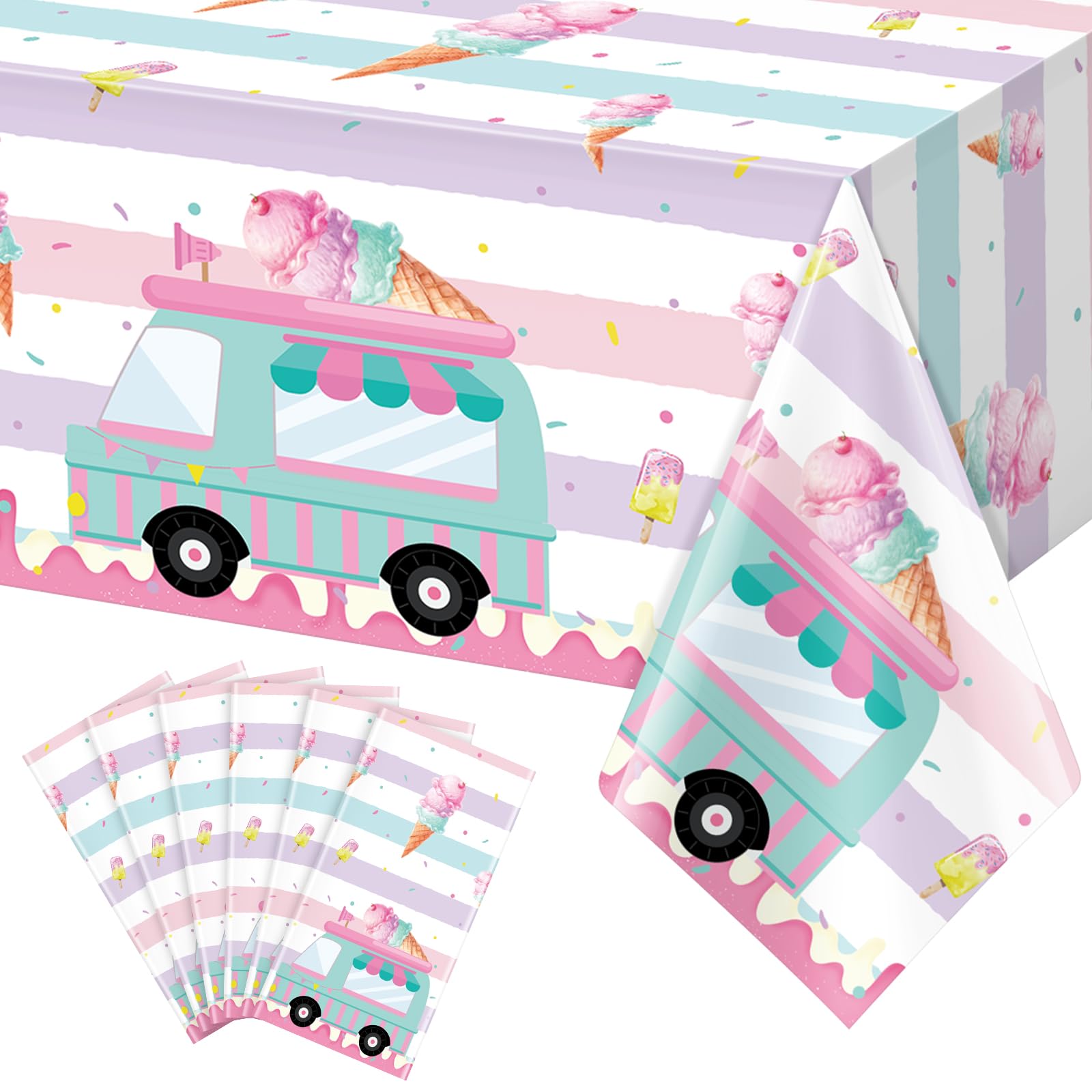 6 Pack Ice Cream Truck Tablecloth Party Decorations, Ice Cream Birthday Plastic Table Cloth Party Supplies, Disposable Rectangle Table Cover for Kids Sweet One Birthday Baby Shower, 54 x 108 Inch
