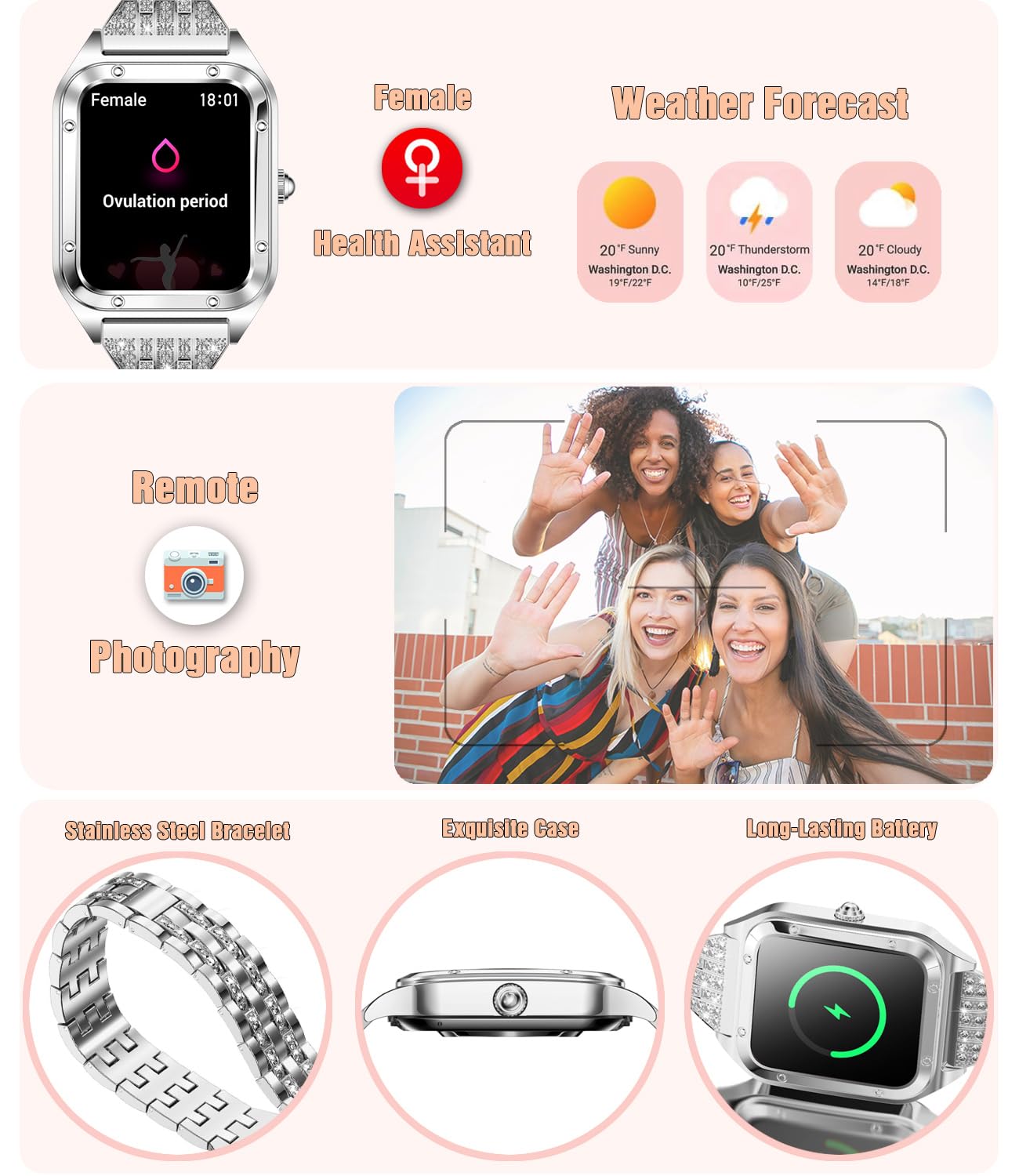 Reloj inteligente para mujer, 1.59 pulgadas, Full Touch, reloj inteligente para mujer con seguimiento de la salud femenina, monitor de frecuencia cardíaca, reloj inteligente deportivo impermeable para