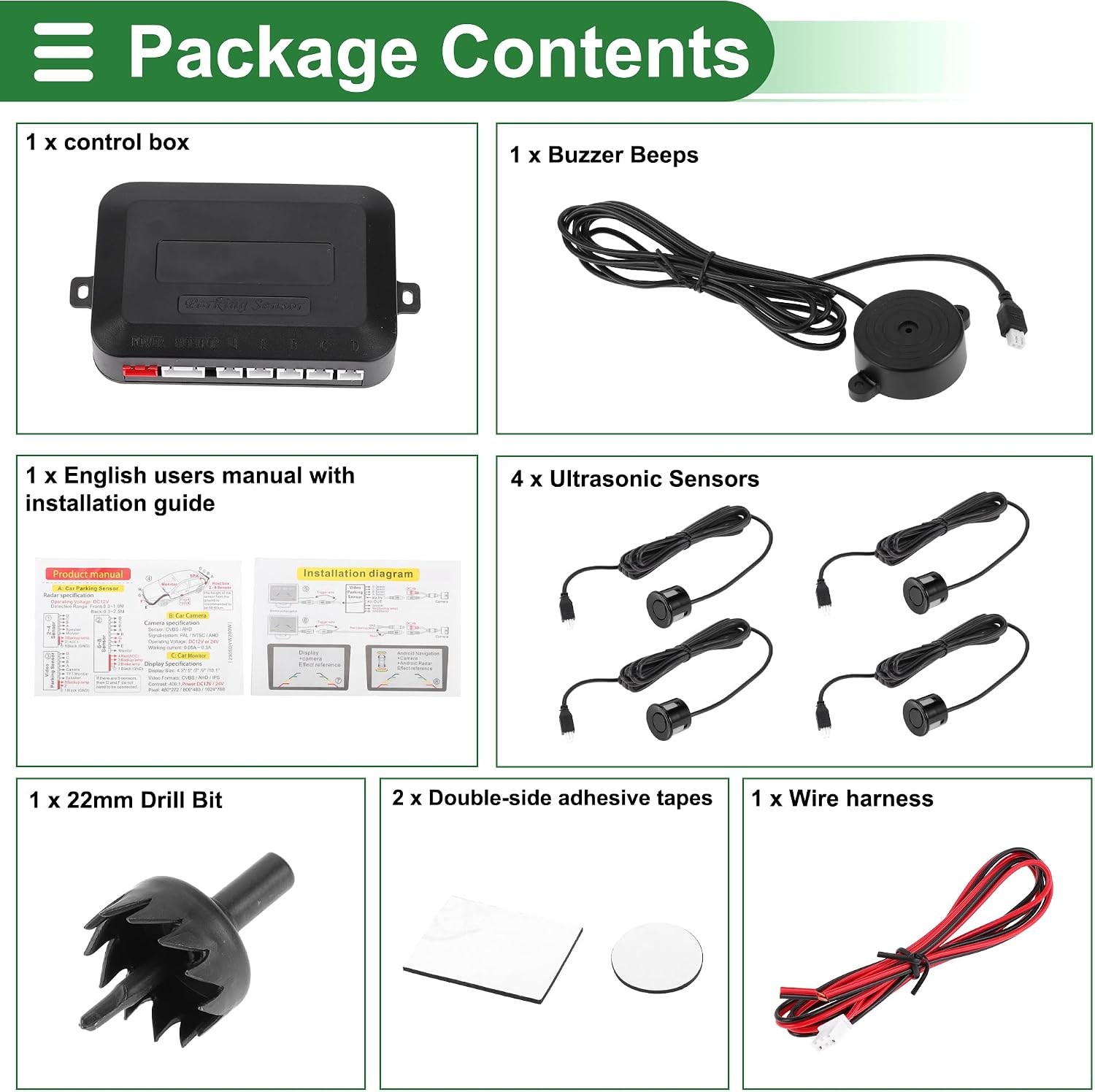 Motoforti Universal Car Auto Vehicle Reverse Backup Radar System Reverse Parking Sensors Alarm Buzzer Reminder Distance Detection Black 4 Parking Sensors