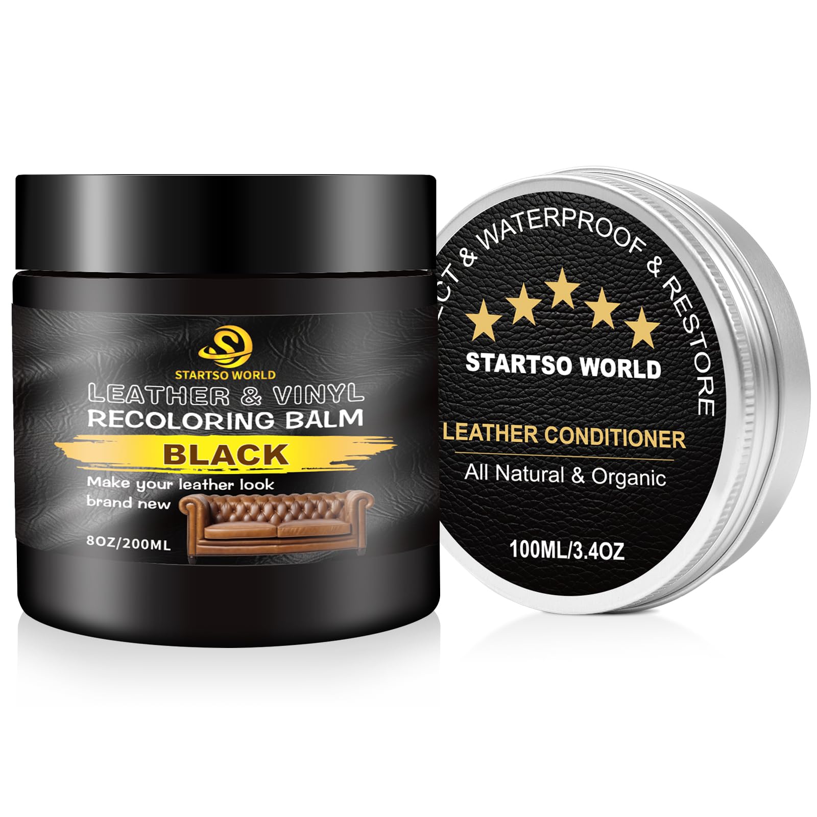 STARTSO WORLD 200Ml Leather Recoloring Balm with 100ML Leather Conditioner, Black Leather Repair Kit for Furniture, Leather Dye, Leather Scratch