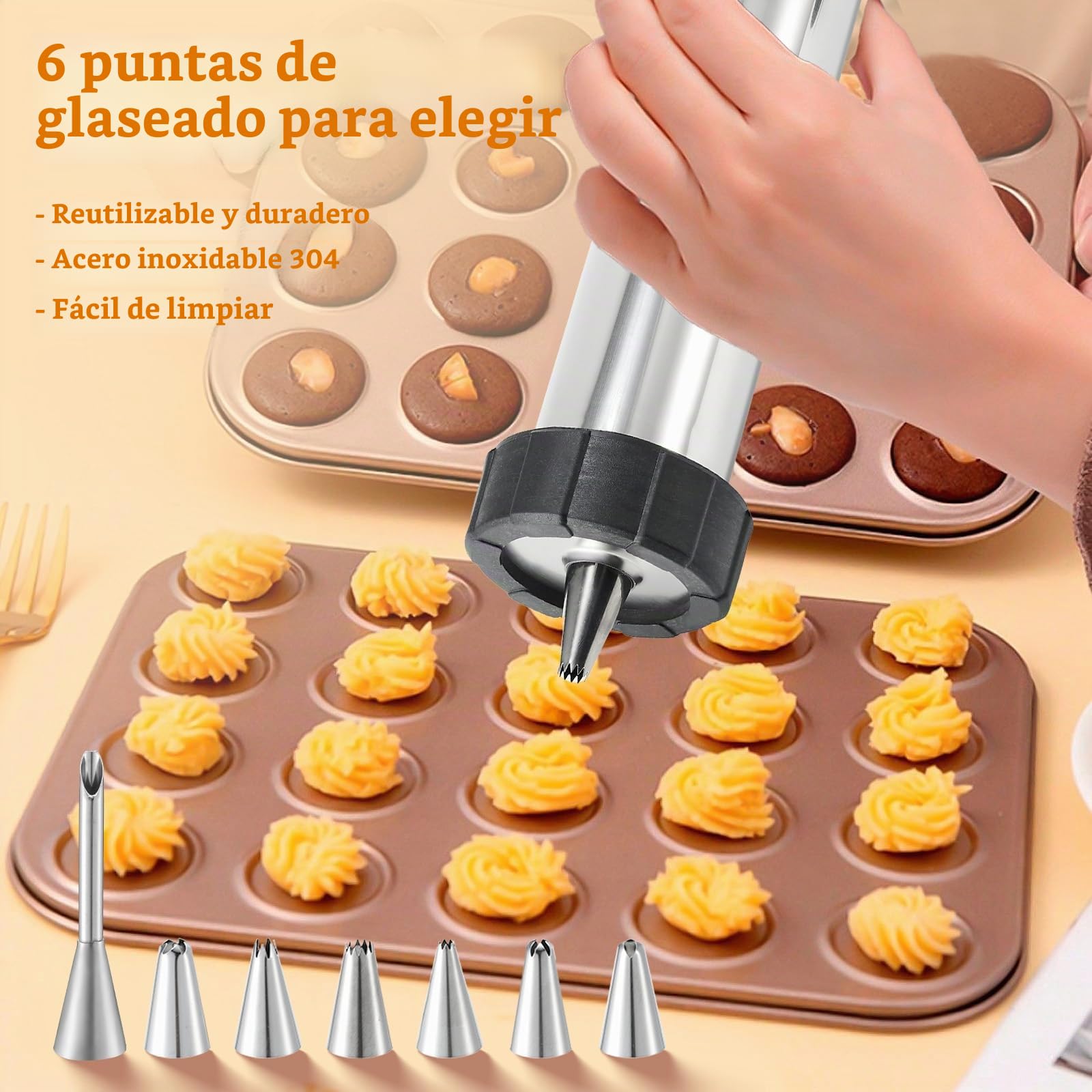 Churro Maker Máquina de acero inoxidable Kit de pistola Churro con 4 discos para Churro hueco, 5 discos para galletas, 6 boquillas para glaseado, 2 cepillos limpios para postres y galletas DIY