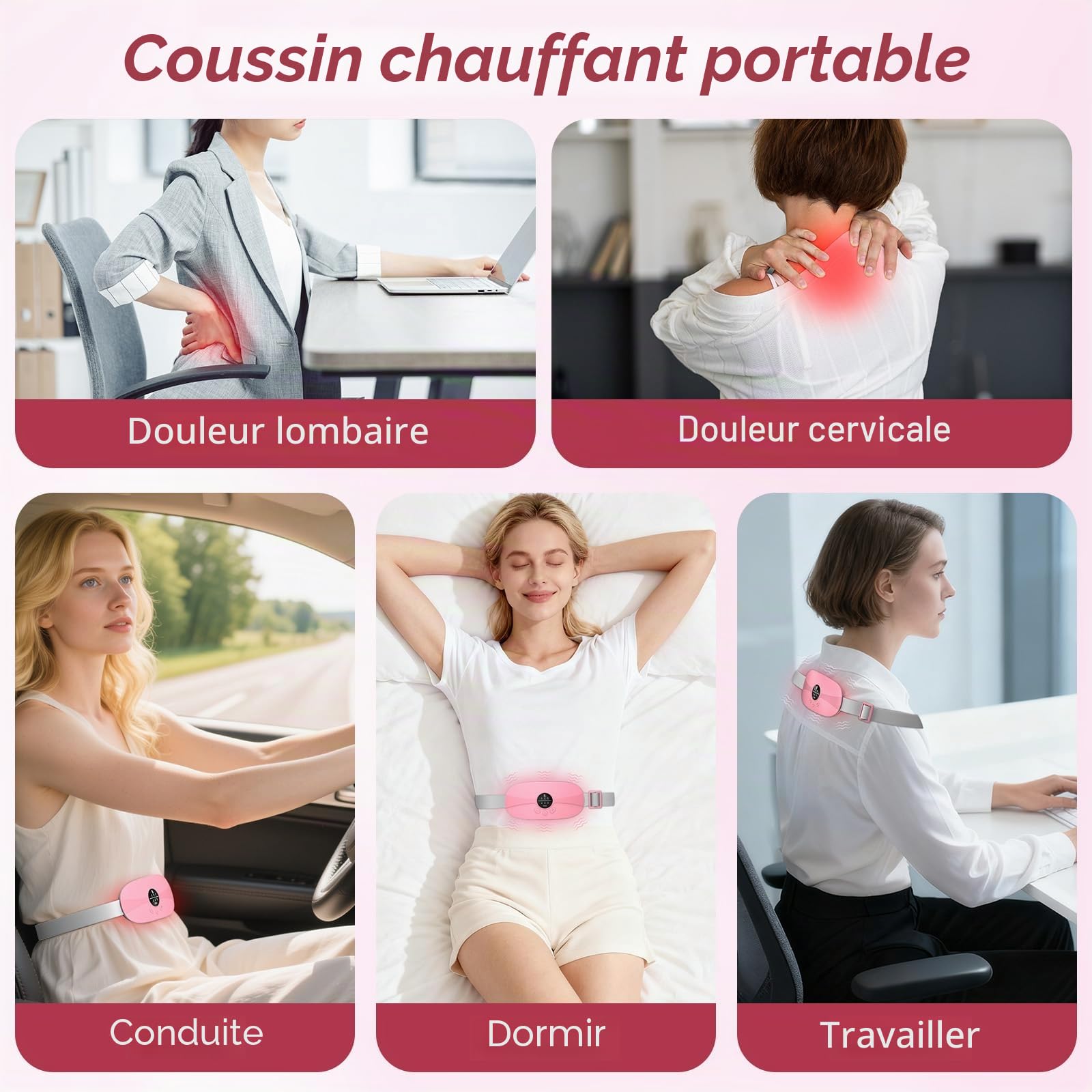 Coussin chauffant portable - Ceinture chauffante pour périodes avec 3 températures réglables et modes de vibration - Soulagement des douleurs au dos, au ventre et à l'estomac (rose)