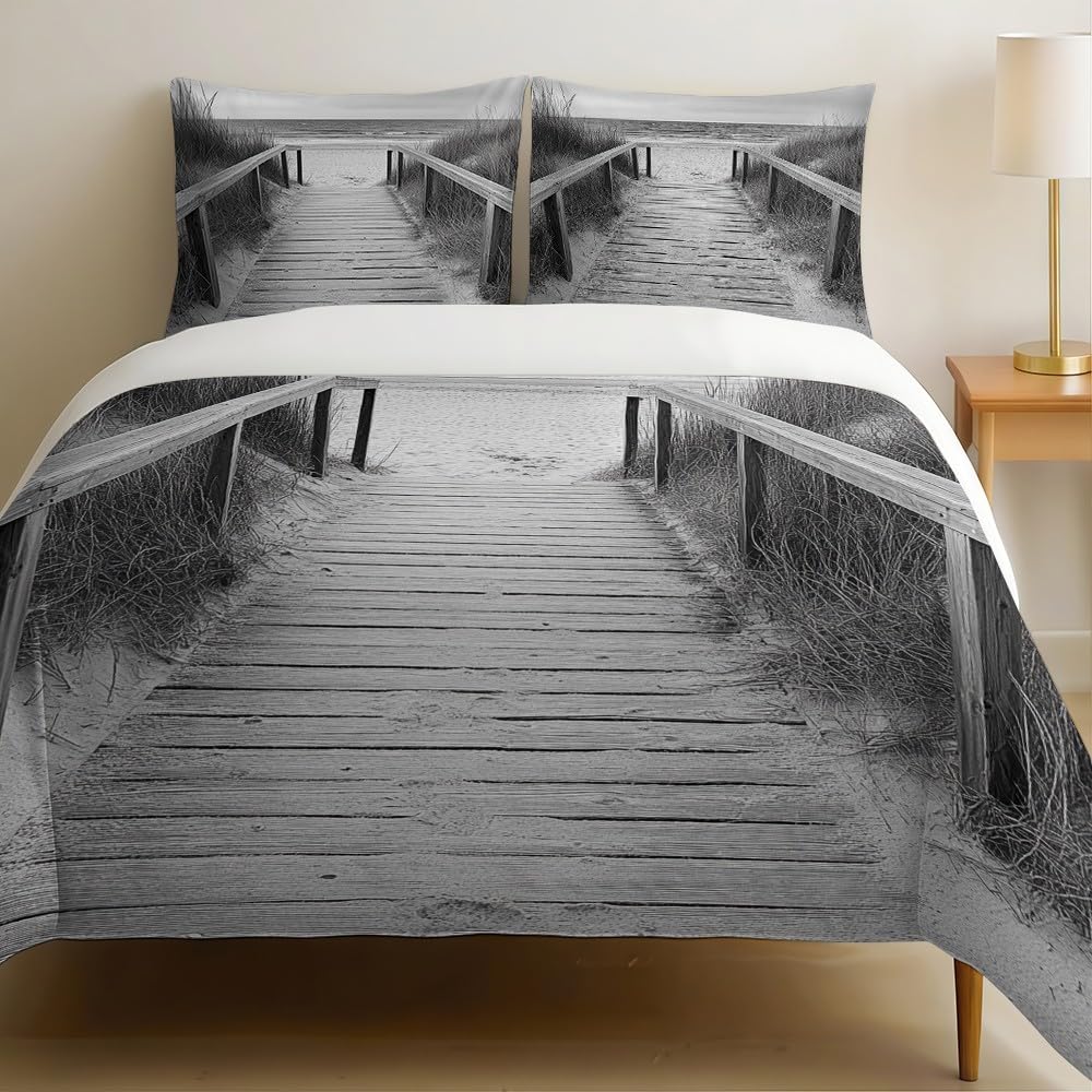 Linge de lit 2 personnes gris Promenade de Plage pour une ambiance bord de mer apaisante