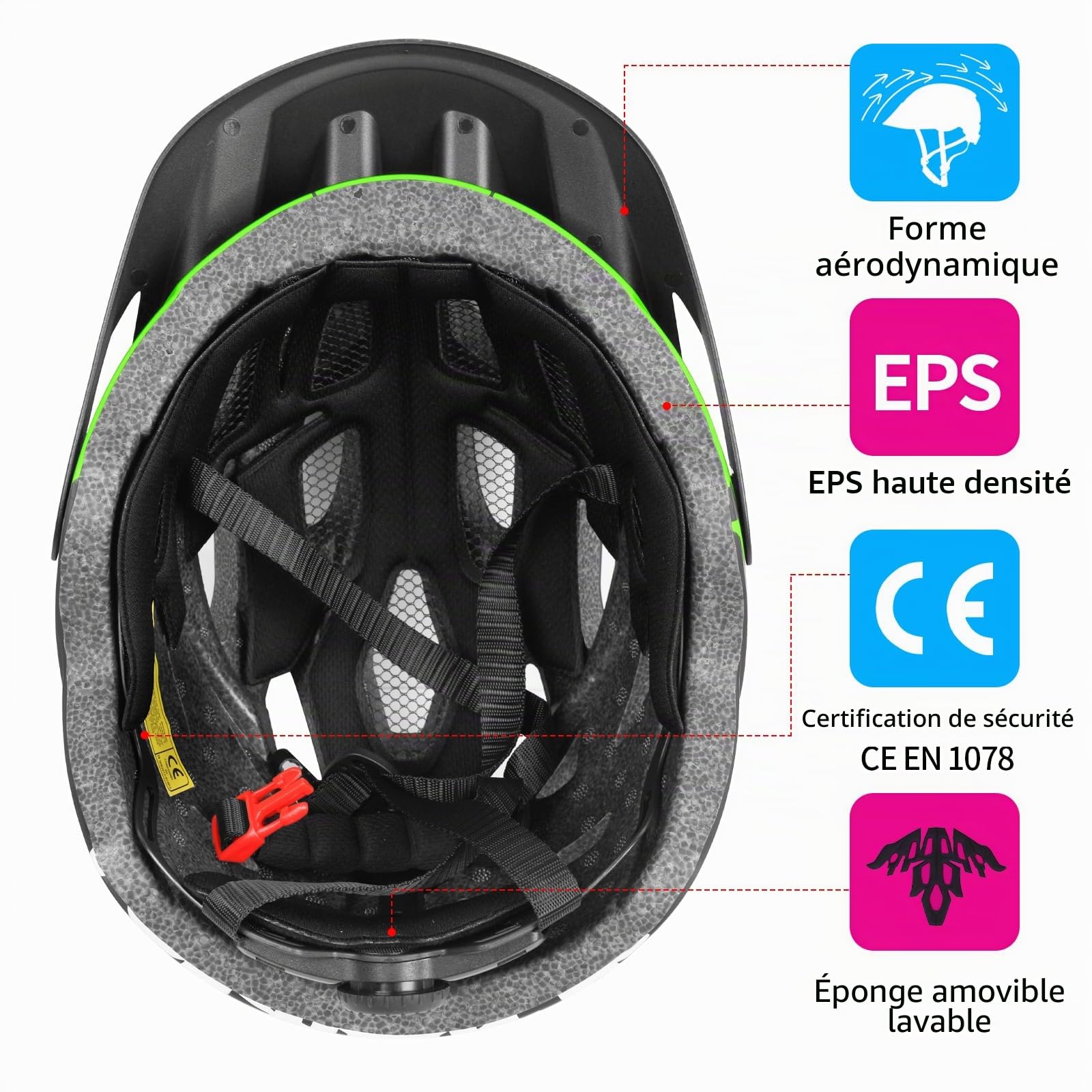 Casque Vélo LED AR & Visière, 21 Aérations, 57-61 cm | Léger, pour homme et femme. Usage route & montagne. Visière amovible, taille réglable