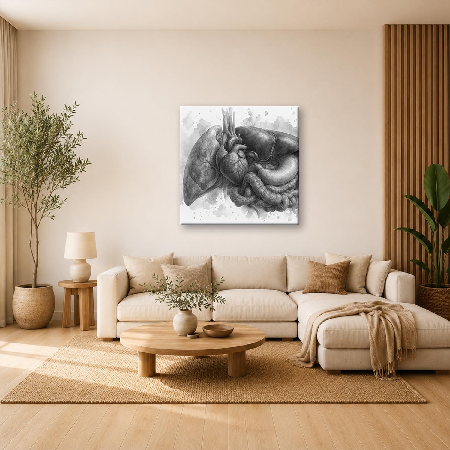Obraz na płótnie rysunek akwarelowy serca i organów 40 x 40 cm czarno-biały