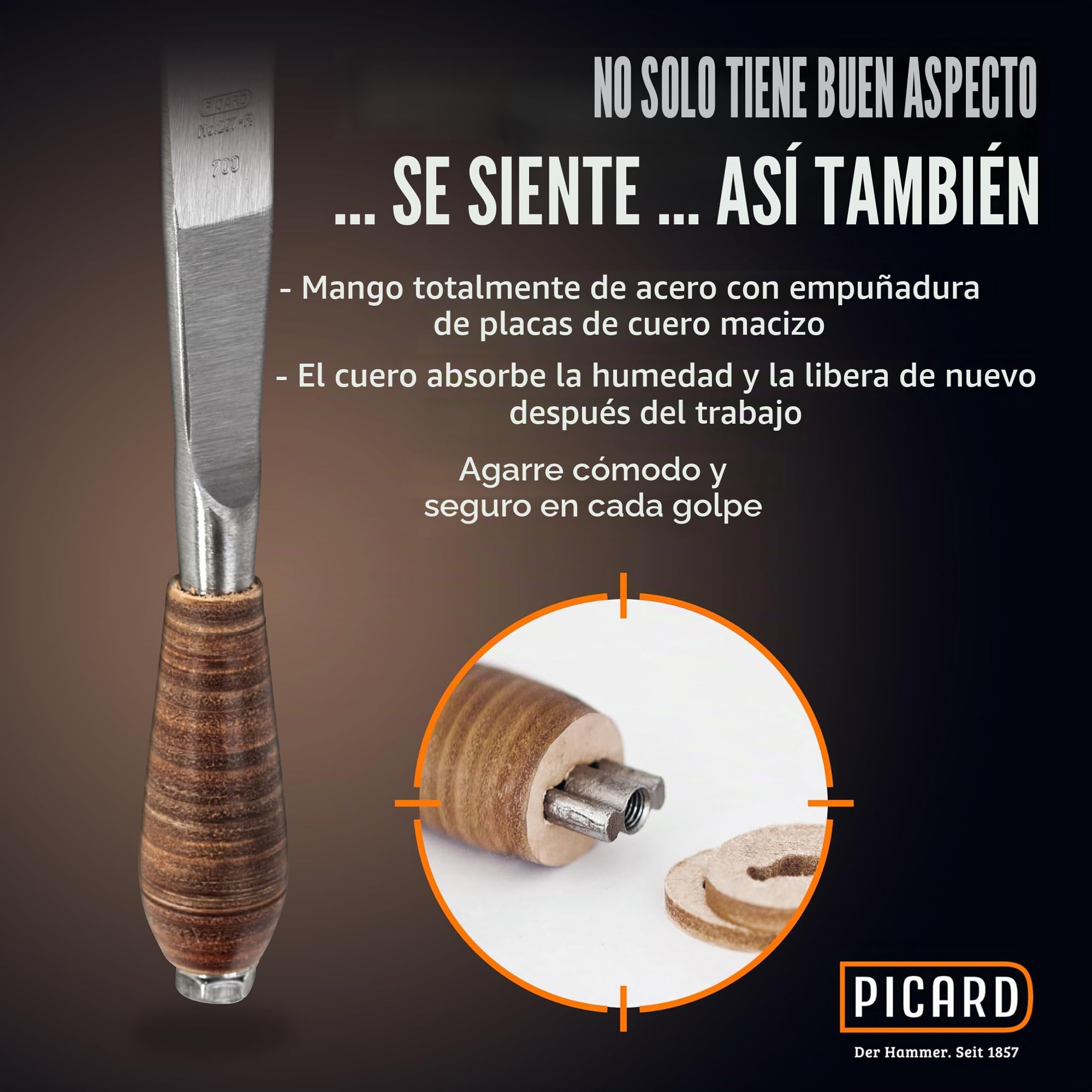PICARD Martillo de pizarra n.º 207 R XL, 700 g, mango ergonómico de piel y mango de acero, resistente a la corrosión y forjado a mano, para diestros, fabricado en Alemania desde 1857
