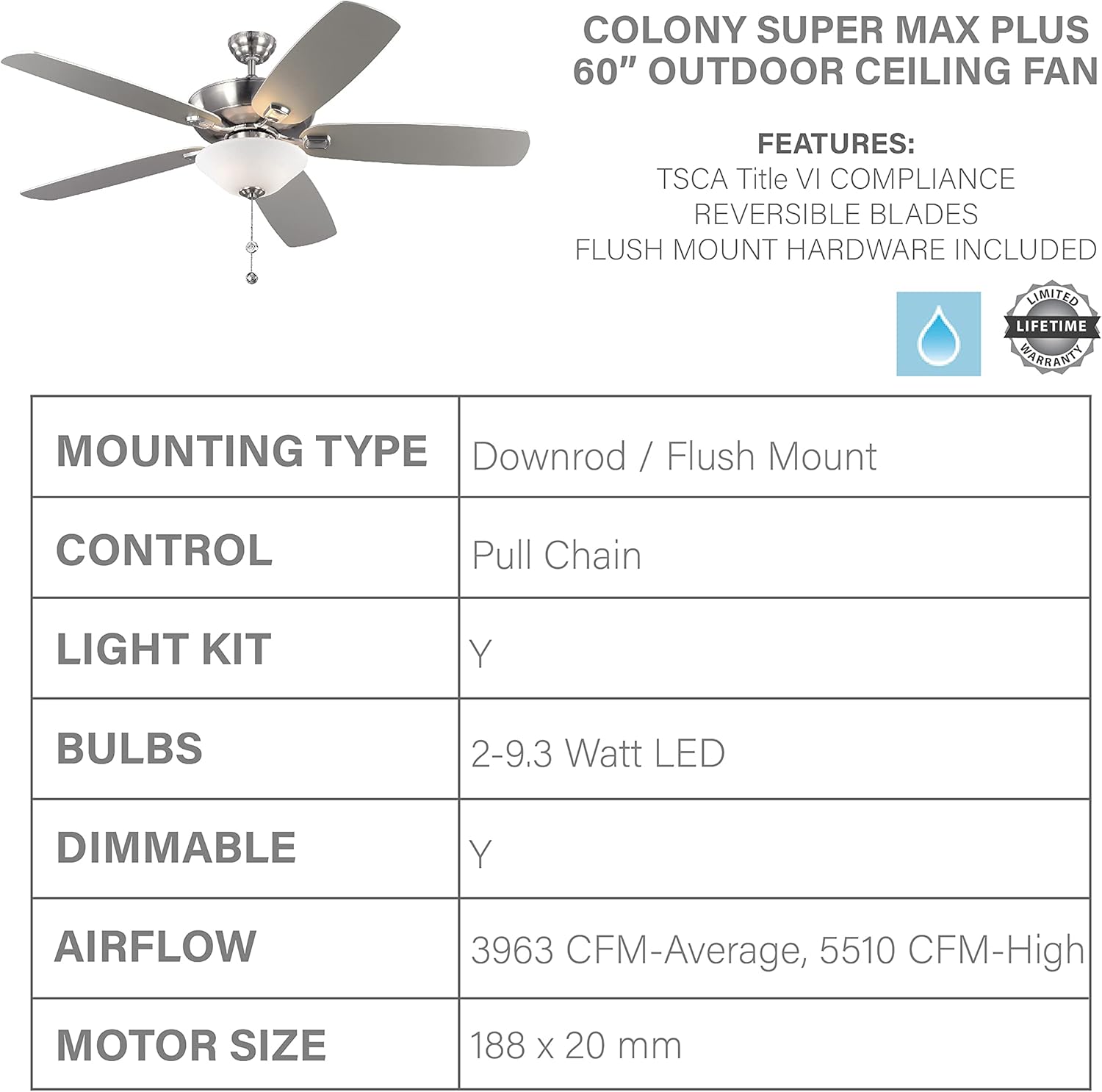 Monte Carlo 5CSM60BSD-V1 Colony Super Max Plus 60" Outdoor/Indoor Damp Ceiling Fan with LED Light & Pull Chain, 5 Walnut Blades, Brushed Steel