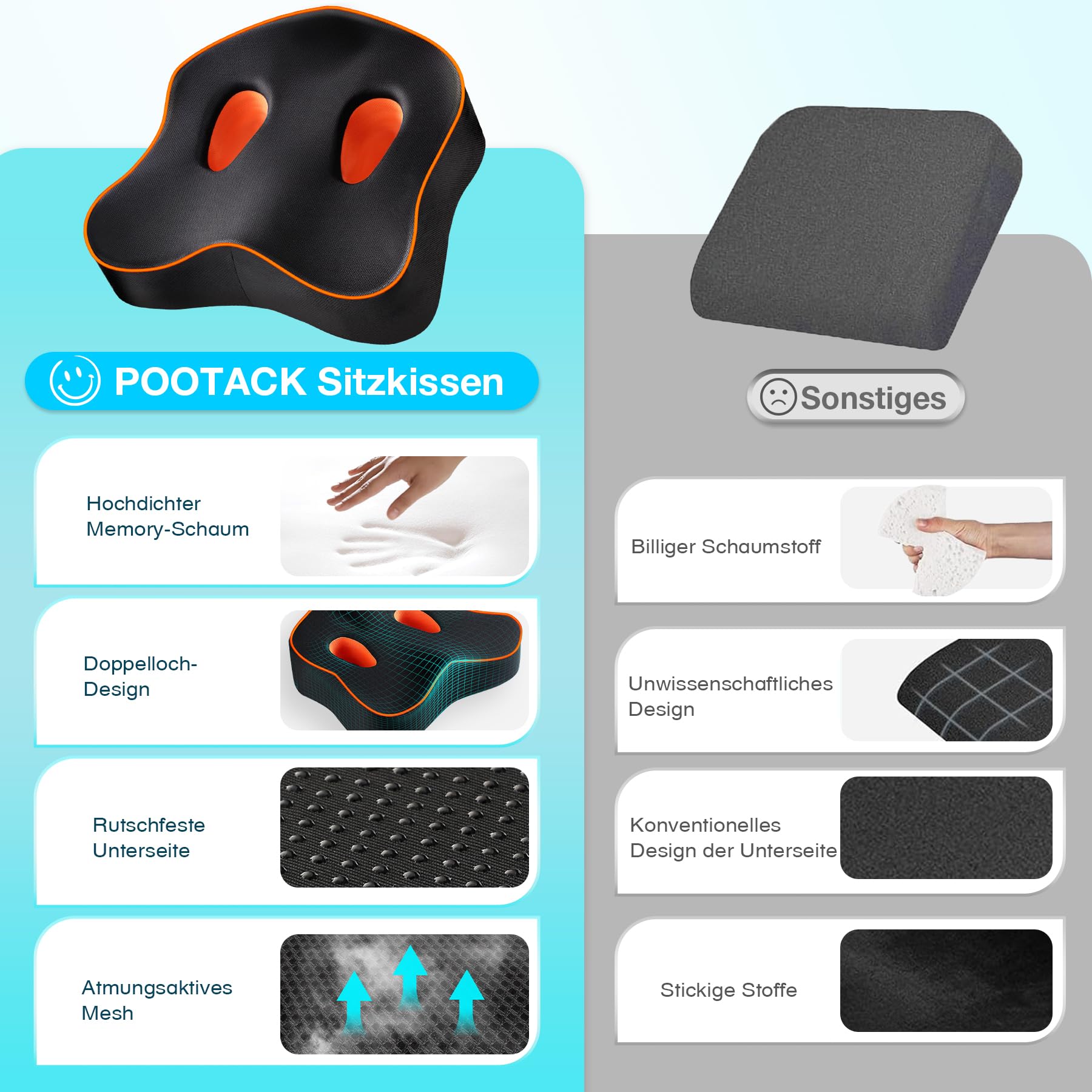 POOTACK Sitzkissen - Bürostuhl & Auto Sitzkissen mit Memory-Schaum, Atmungsaktive Sitzauflage für Homeoffice, Lange Fahrten und Büroarbeit, rutschfeste Unterseite, Waschbarer Bezug