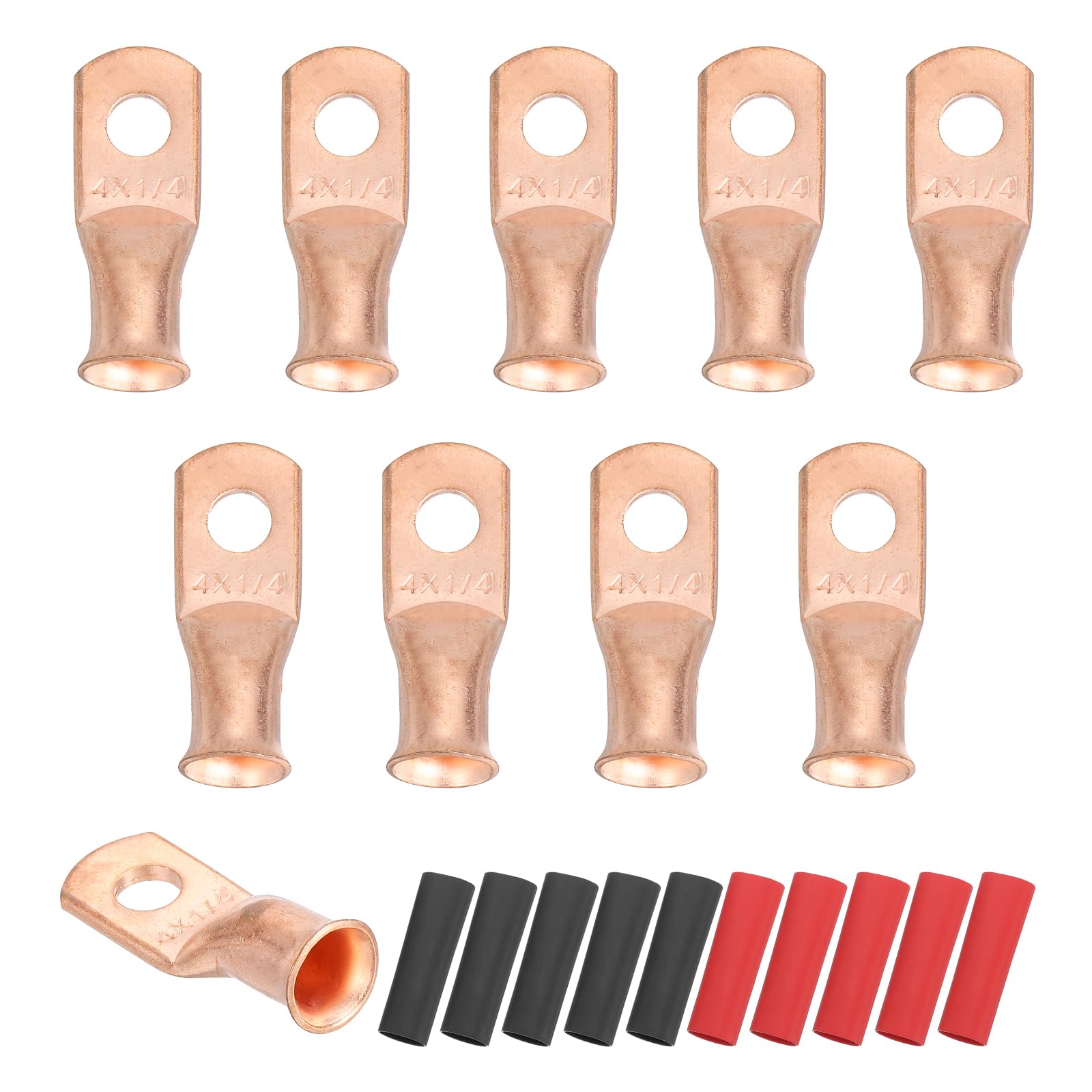 sourcing map 10pcs 4 AWG M6 Battery Lugs Ring Terminals, 1/4" 6mm Stud Crimp Wire Terminal Connector End Copper, 2:1 Heat Shrink Tubing, Gold