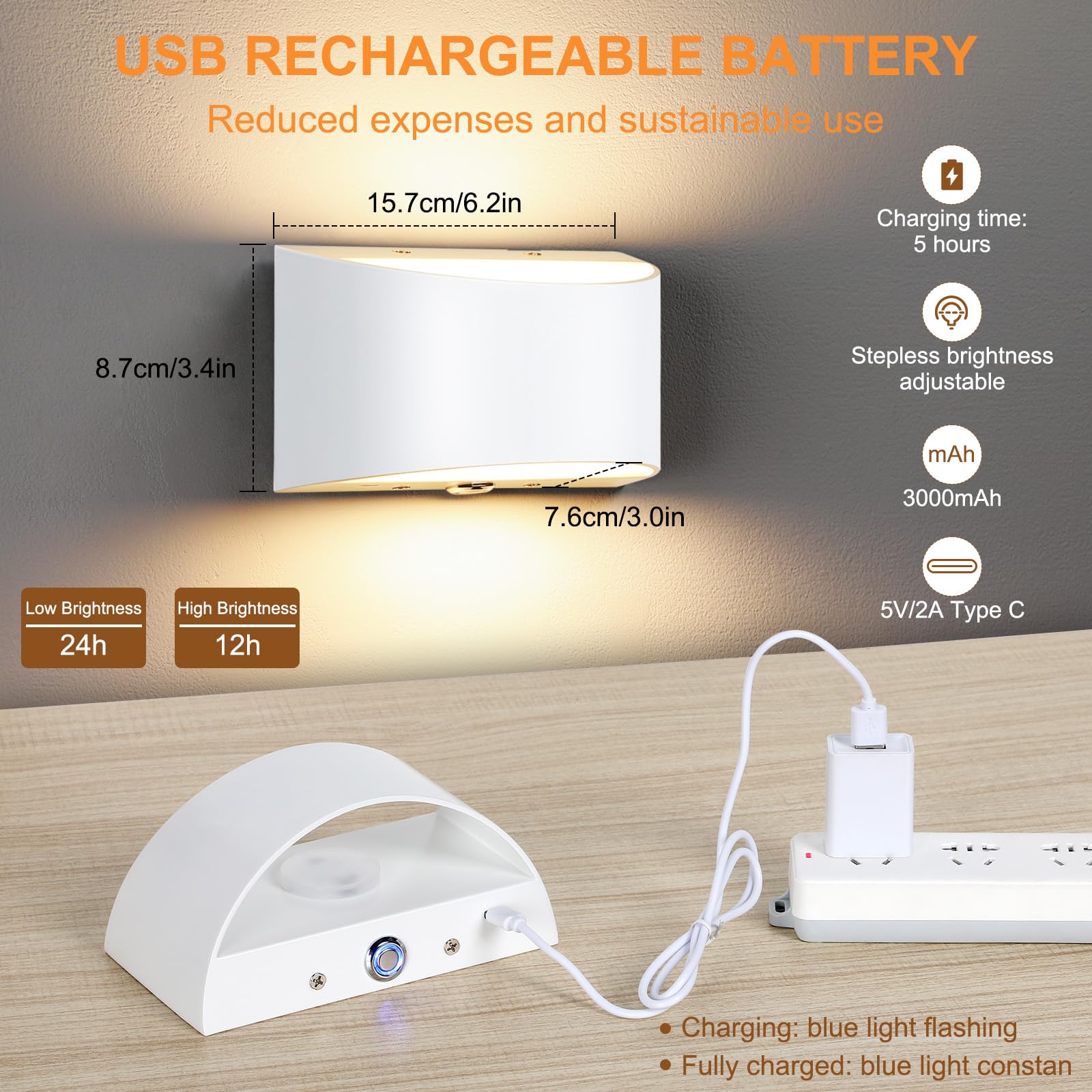 Lightess Touch Control LED Wall Sconce, Dimmable Wall Light with Rechargeable 3000mAh Battery Operated USB, Magnetic Bedside Wall Mount Lamp White for Bedroom Hallway Living Room, Warm White