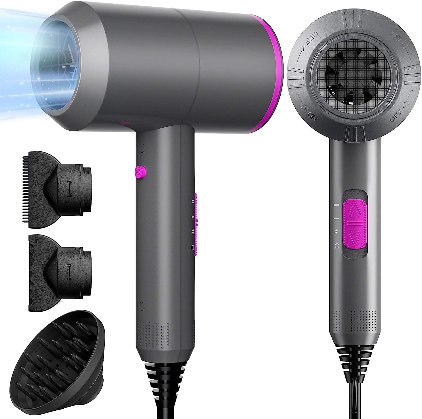 NEWSEE 2200W Professional Hair Dryer Powerful AC Motor Quick Drying Ionic Dryer with 2 Speed 3 Heat Setting, Cool Shot Button with 1 Diffuser & 2 Concentrator for Multi Women Man Hairstyles (AU Plug) (Dark Grey)