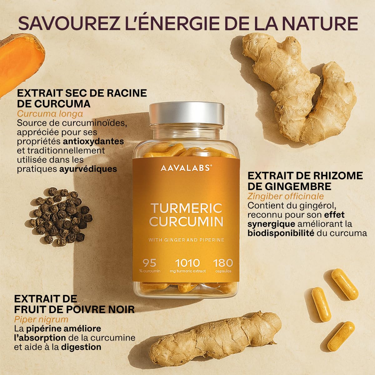 Curcumine Curcuma Gingembre Poivre Noir - Extrait de Curcuma, Piperine, Gingembre Gelule avec 95% de Curcumin et Pipérine - Turmeric Curcumin Vegan et sans OGM - 180 gélules
