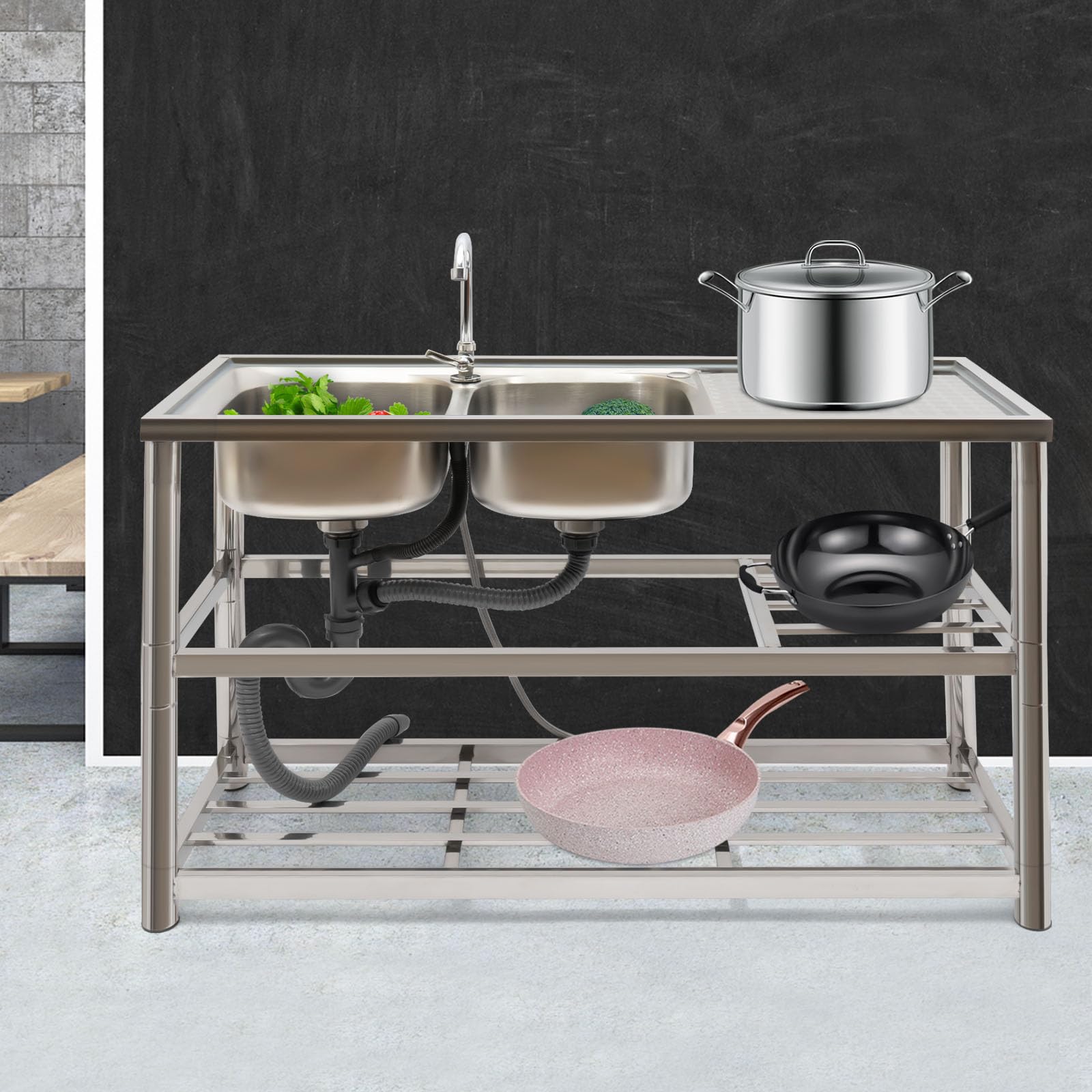 Lavandino in Acciaio Inox Professionale 2 Vasca,Lavelli da Cucina in Acciaio Inox autoportante con Rubinetto e Banco Da Lavoro Lavabo Commerciale con Rubinetto Per Interni Esterni