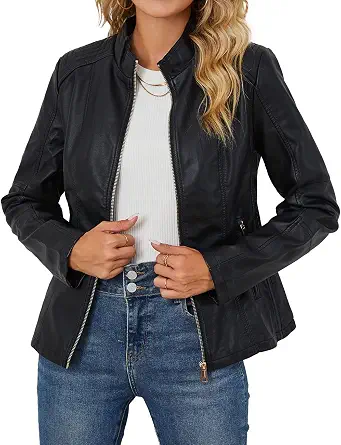 Bellivera Faux Leather Women Motorcycle Stand Collar Jacket