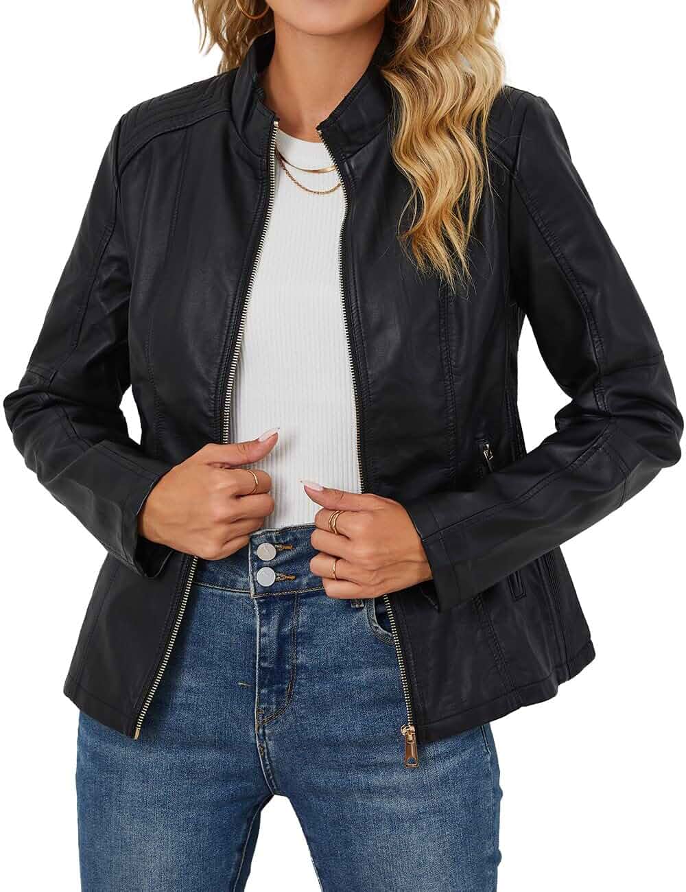 Bellivera Faux Leather Women Motorcycle Stand Collar Jacket Lightweight Bomber PU Bike Slim Fit Coat with Zipper Front, Zip Pockets and Soft Smooth Lining for Spring and Fall