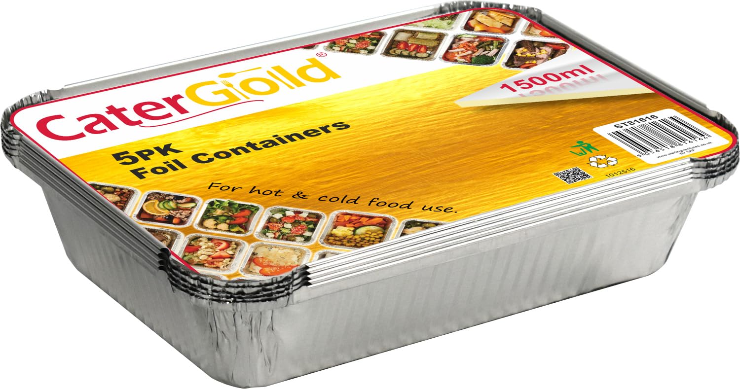 Catergold 5 Pcs Foil Containers wih Lids 1500ml 25x18cm Anuminium Reusable Foil Containers Food Takeaway Baking Premium Leakproof