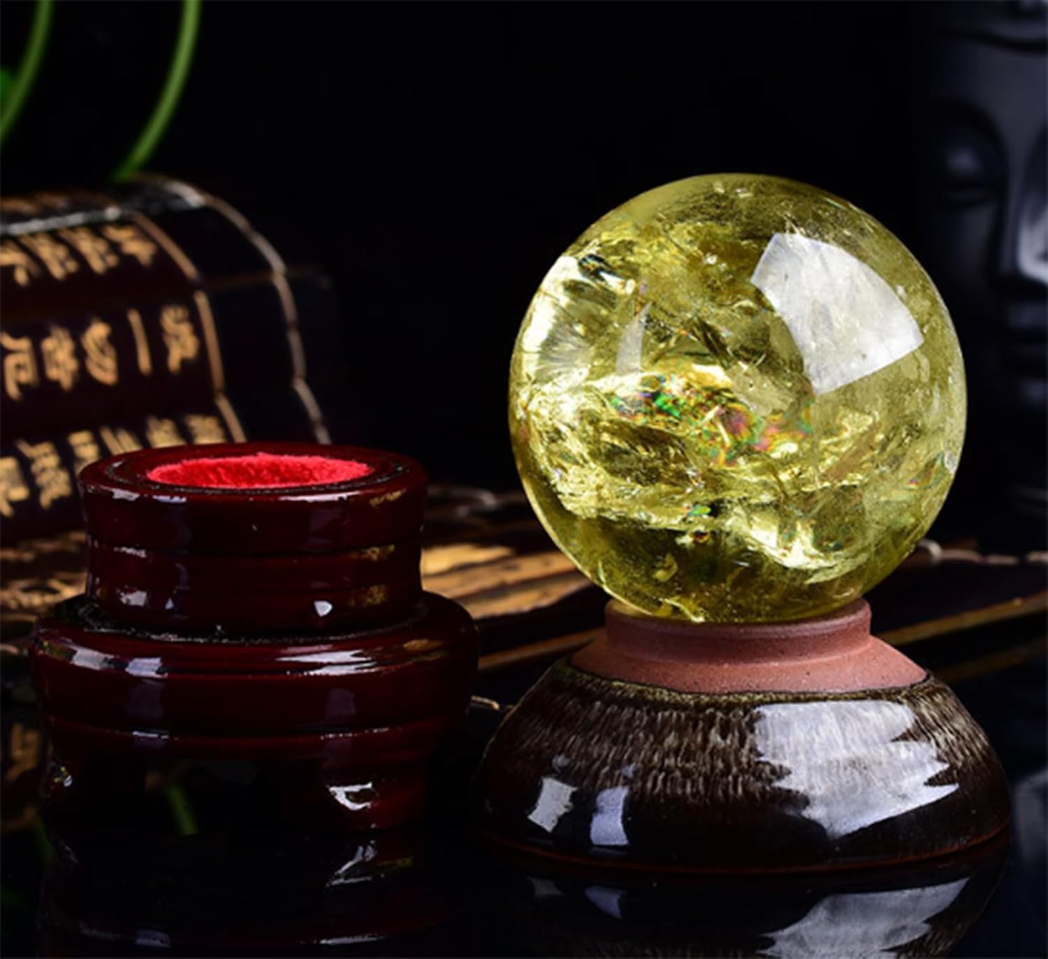 Citrine Quartz Sphere with Stand, Yellow Crystal Ball Sculpture Figurine,Fengshui Rock Sphere for Witchcraft, Divination, Home Desk Decor,80mm/3.14in