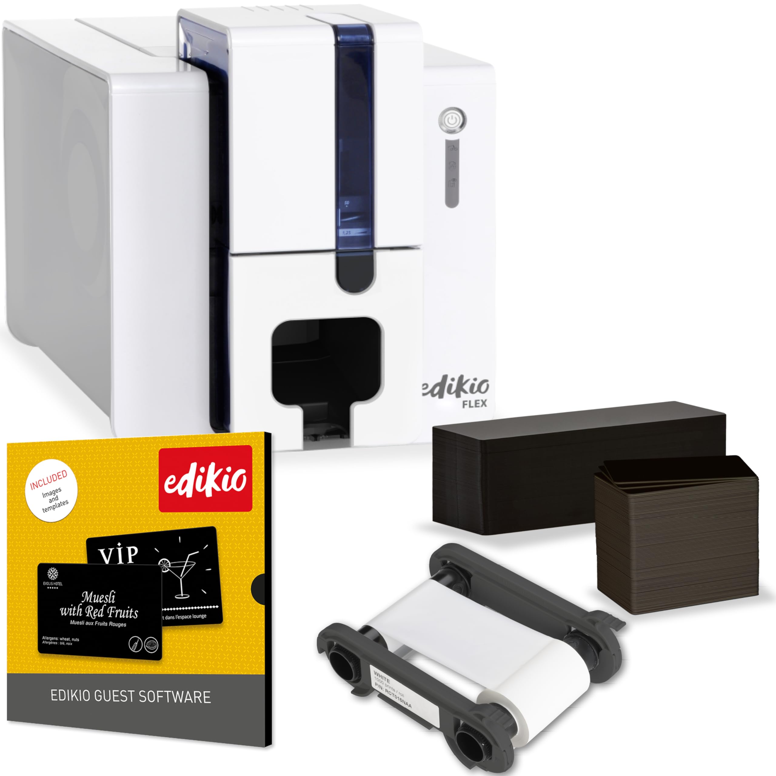 Edikio Guest Flex – Pack d'impression de cartes – Étiquettes de buffet durables, faciles à nettoyer et personnalisables – Impression rapide, monochrome, une face – Comprend imprimante, logiciel de