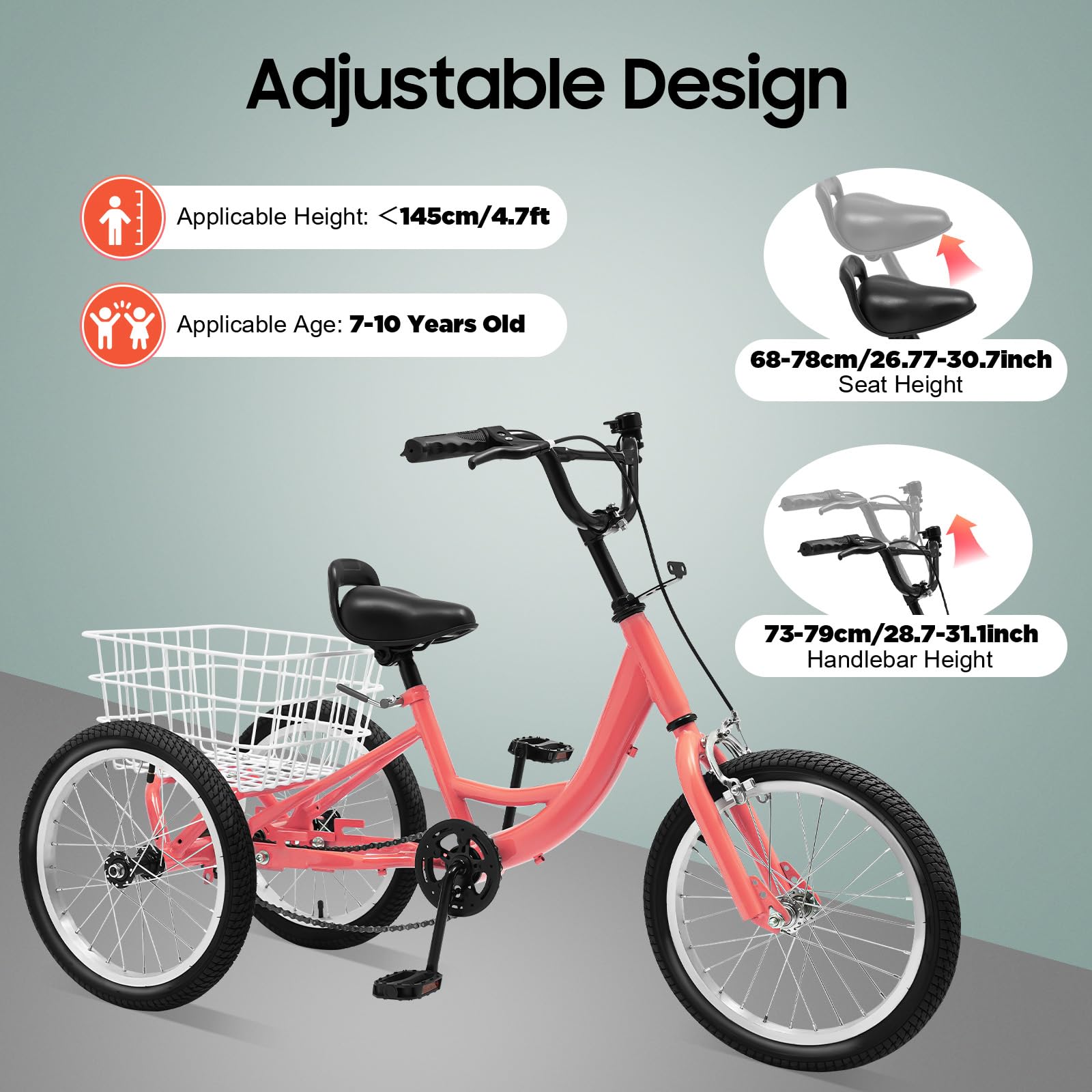 Kinder Dreirad 16 Zoll für 7-10 Jahre – 3-Rad Fahrrad mit großem Korb (33x33x20 cm), verstellbarem Sitz & Lenker, 110 lbs Tragkraft, Klemmbremse, reflektierenden Aufklebern – Hellorange