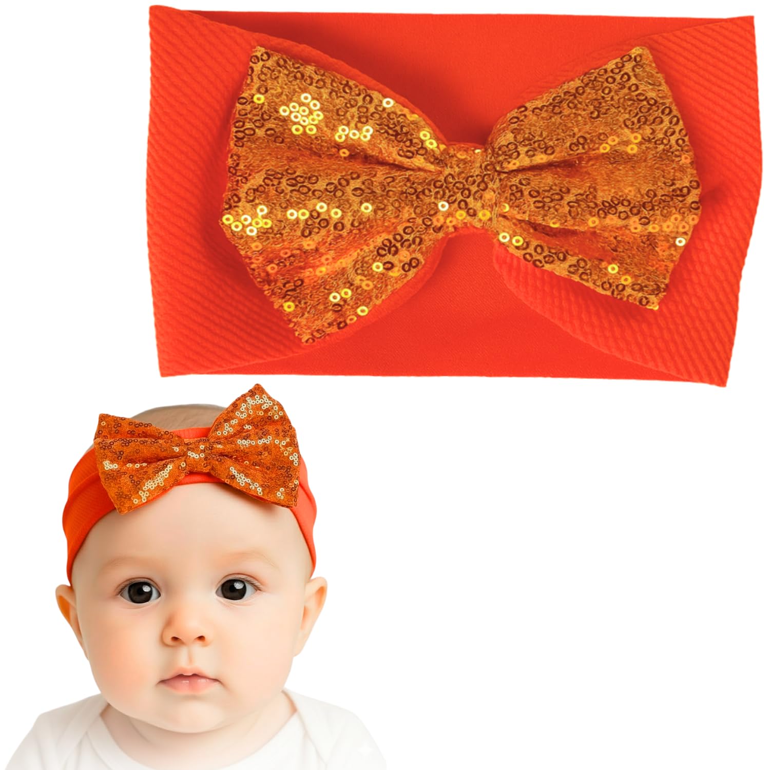 ANNA CREATIONS 1 Pc Baby Sequin Bow Headbands – Soft Stretchy Turban Style Hairbands for Newborns & Infants – Sparkly Bows – Adorable Fashion Accessories for Baby Girls & Baby Boy (ORANGE)-image-42