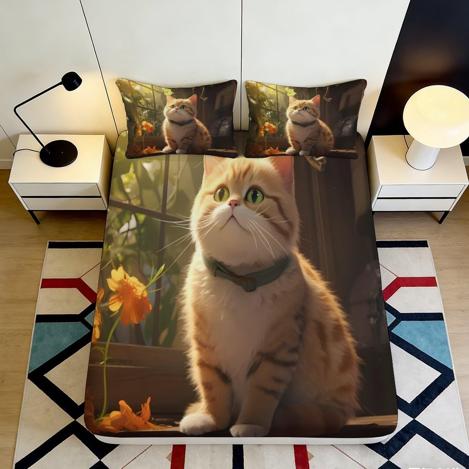 Tjiqhvmrn Style-9 3D Printed Cat Design Fitted Sheet Microfiber Bedroom Bedding Set Cat Mattress Fitted Cover Adult Teen Deep Pocket Non-Slip Elastic Hem Full Wrap Washable 90X200x25cm