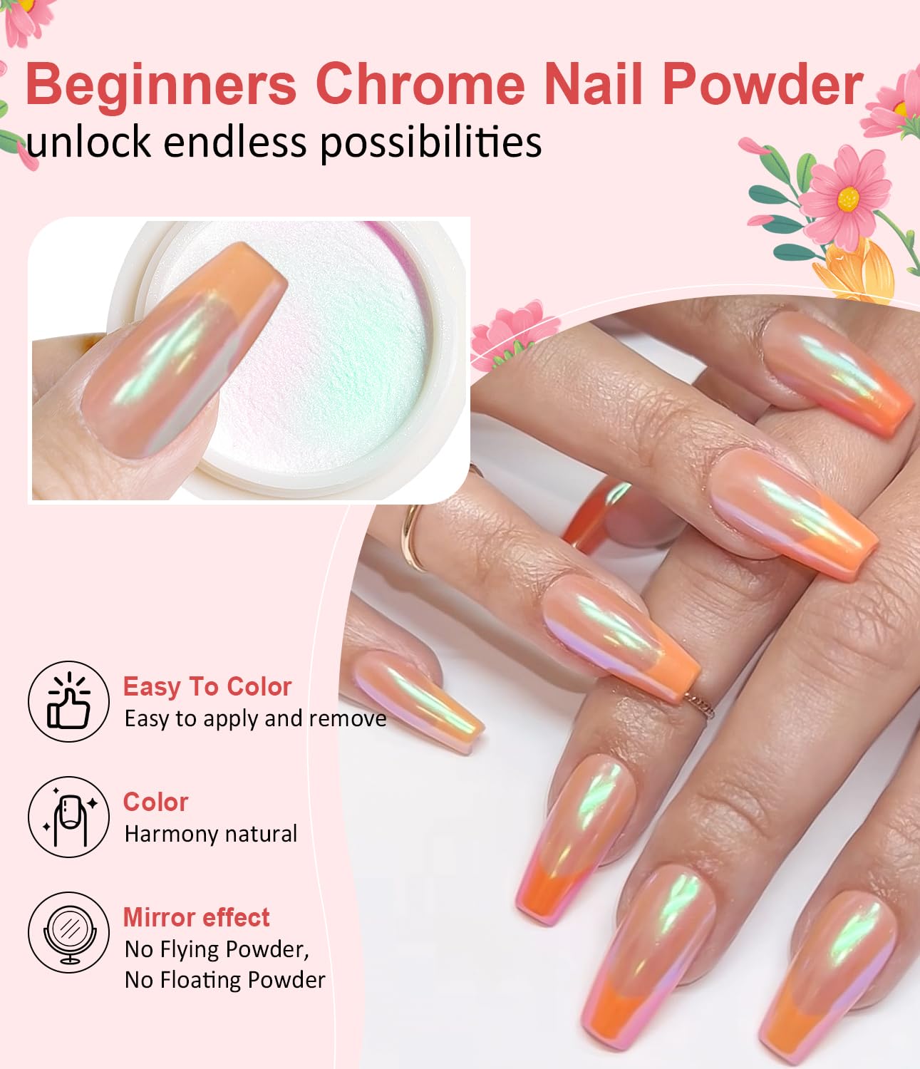 Zestaw dla początkujących Chrome Nail Powder: Nasz zestaw chromowanych proszków do paznokci zawiera różne kolory chromowanych proszków do paznokci Aurora, takie jak biały proszek, żółty proszek, czerw