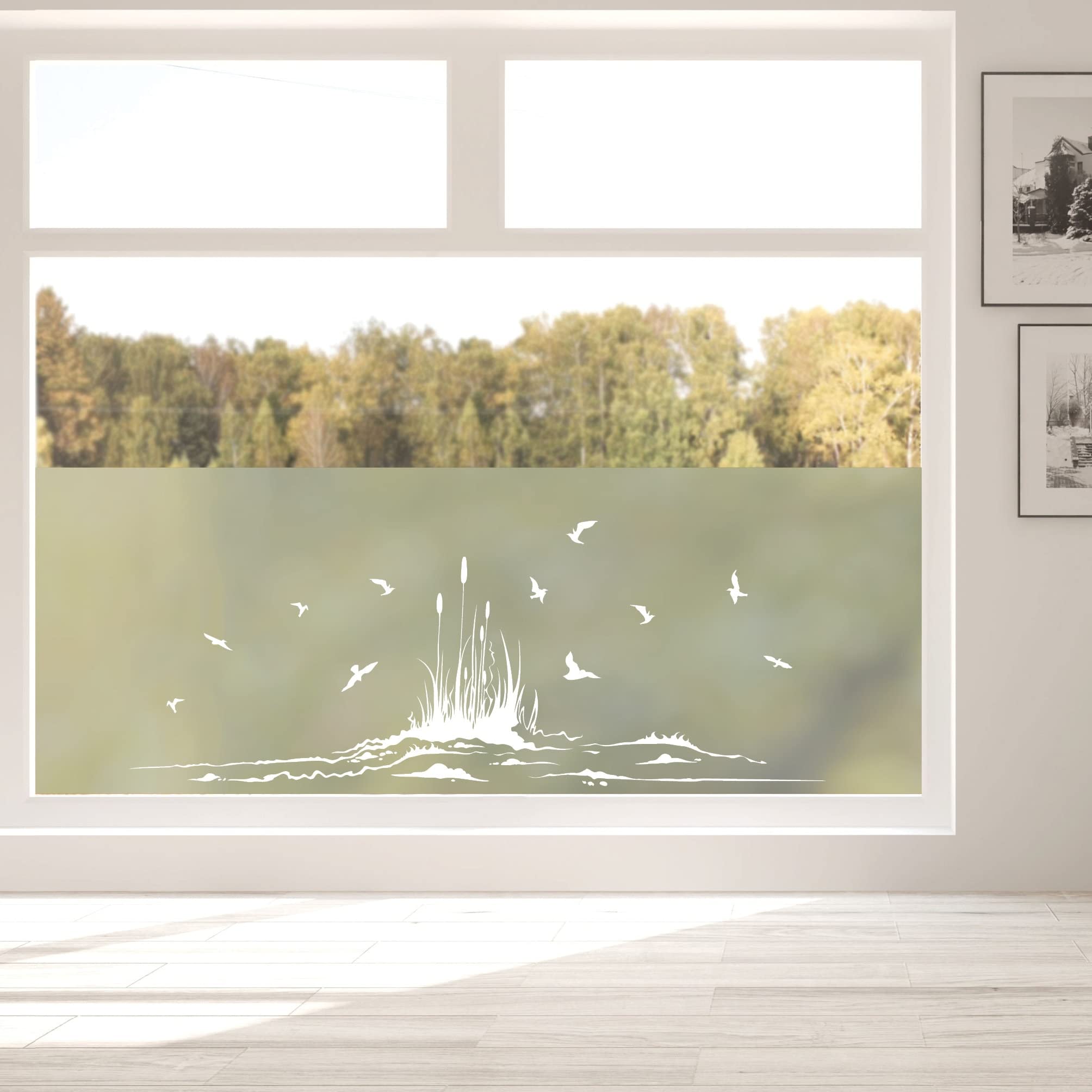 Sichtschutzfolie Vögel mit Schilf am Ufer, maritime Fensterfolie, Fensterdeko Milchglasfolie, 120 cm hoch, 90 cm breit