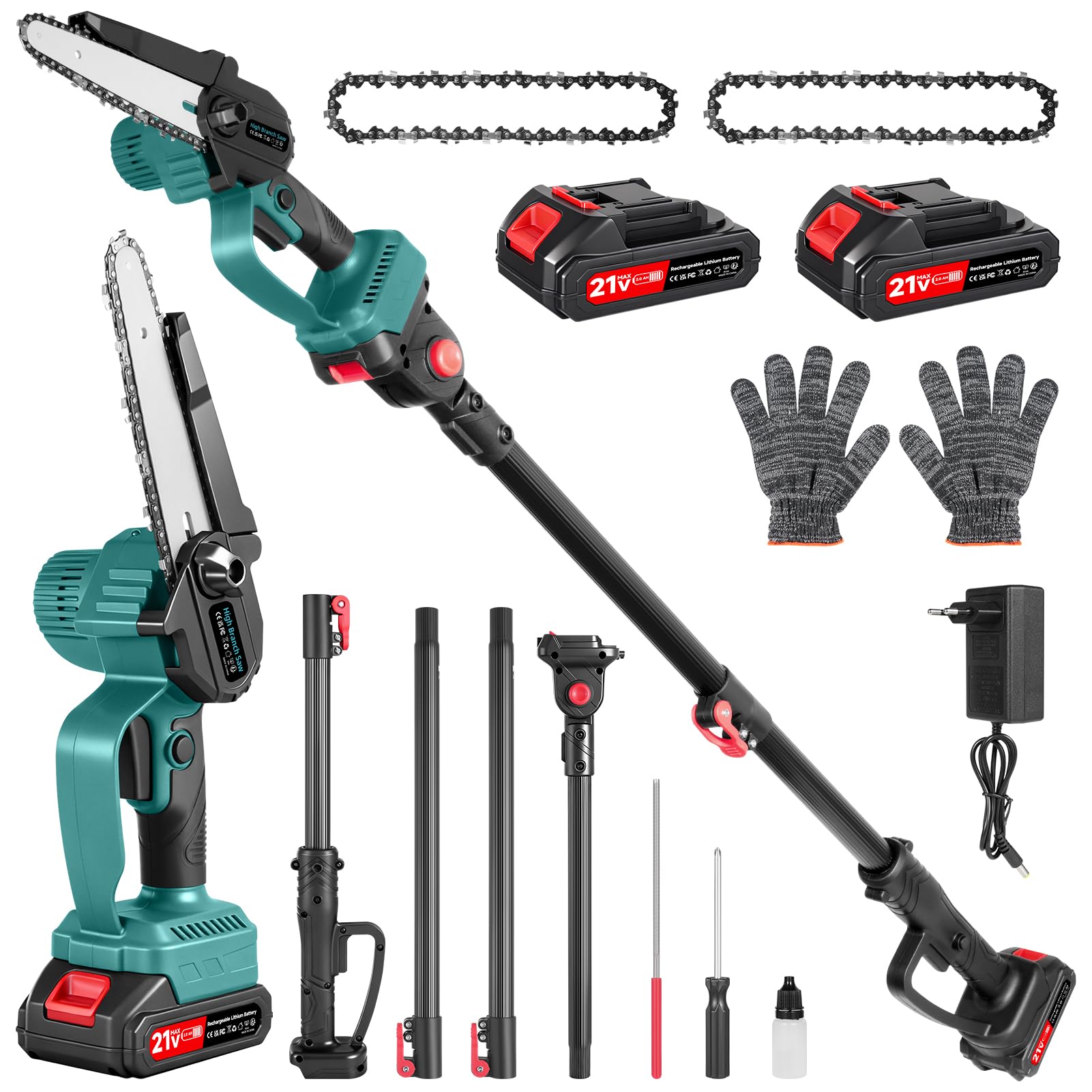 2-in-1 Akku Hochentaster & 8"Mini Kettensäge, BüRstenloser Motor, 7.87 Fuß Teleskopstange Akku Hochentaster mit 2 x 2.0Ah Akku, Elektro Hochentaster AstsäGe für Baum Trimmen Ast Schneiden Gartengerät