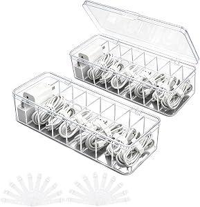 2 PCS Cable Organizer with 20 Wire Ties，Clear Plastic 8 Compartments Cord Storage Box，for Drawer Home Office Desk Accessories (Transparent Flip-Cover Style)