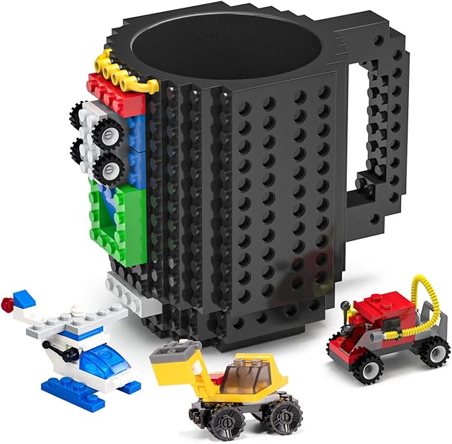 DAYMOO Build-on Brick Mug,Funny DIY Building Blocks Cup with 3 Packs of Random Bricks,Novelty Christmas Birthday Gift Ideas for Adults Kids Boys Dads(Black)