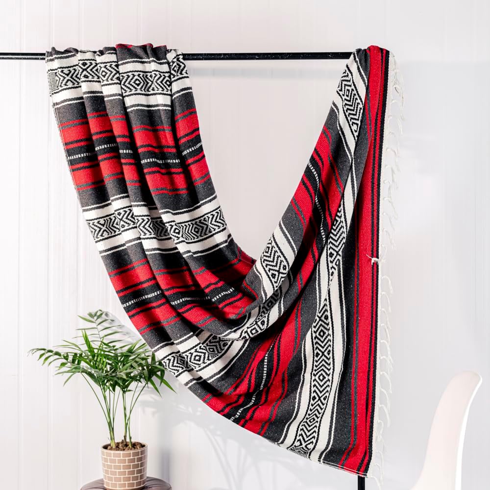 Airooglee 69" L x 51" W Large Mexican Blanket - Perfect as Yoga Outdoor Beach Serape Picnic Camping Woven Blanket, Boho Home Décor - Red - Image 8